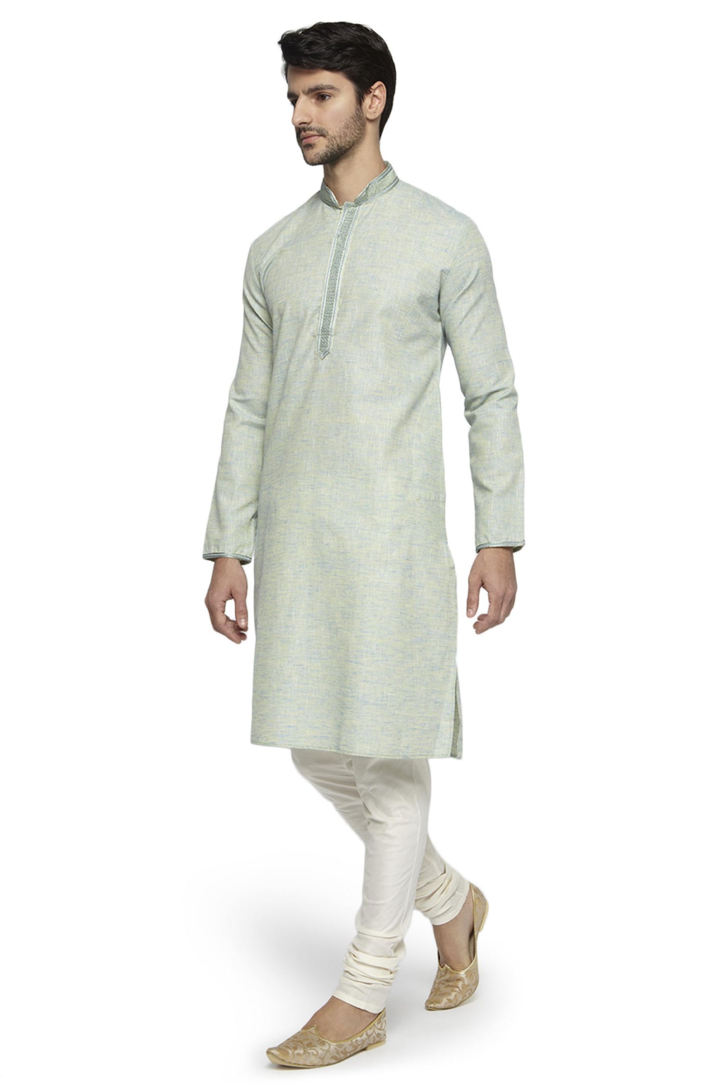Ethnix Men's Mandarin Collar Solid Mint Green Space Dye with Hand Embroidered Placket Long Kurta Tunic
