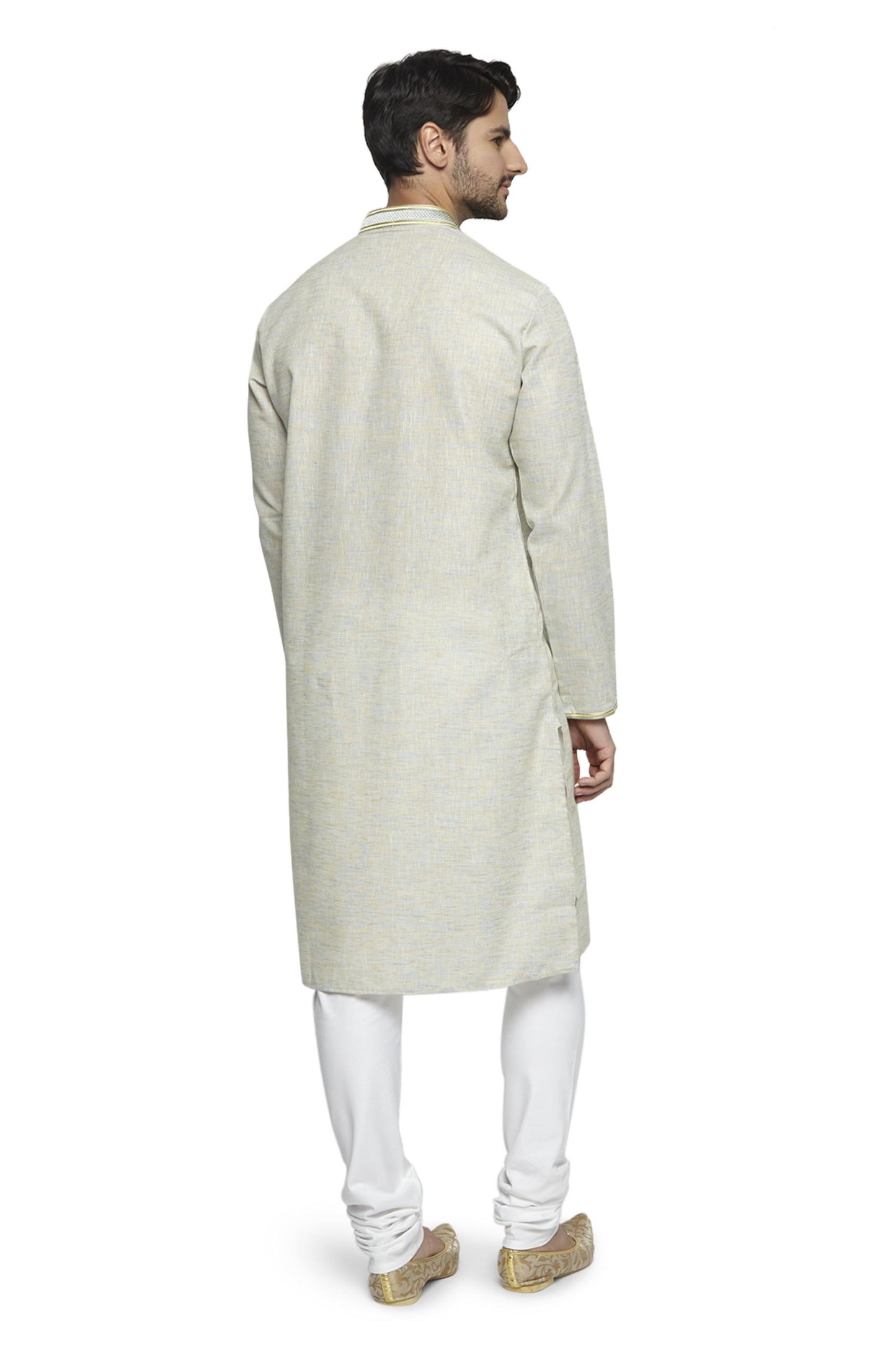 Ethnix Men's Mandarin Collar Solid Natural Space Dye with Hand Embroidered Placket Long Kurta Tunic