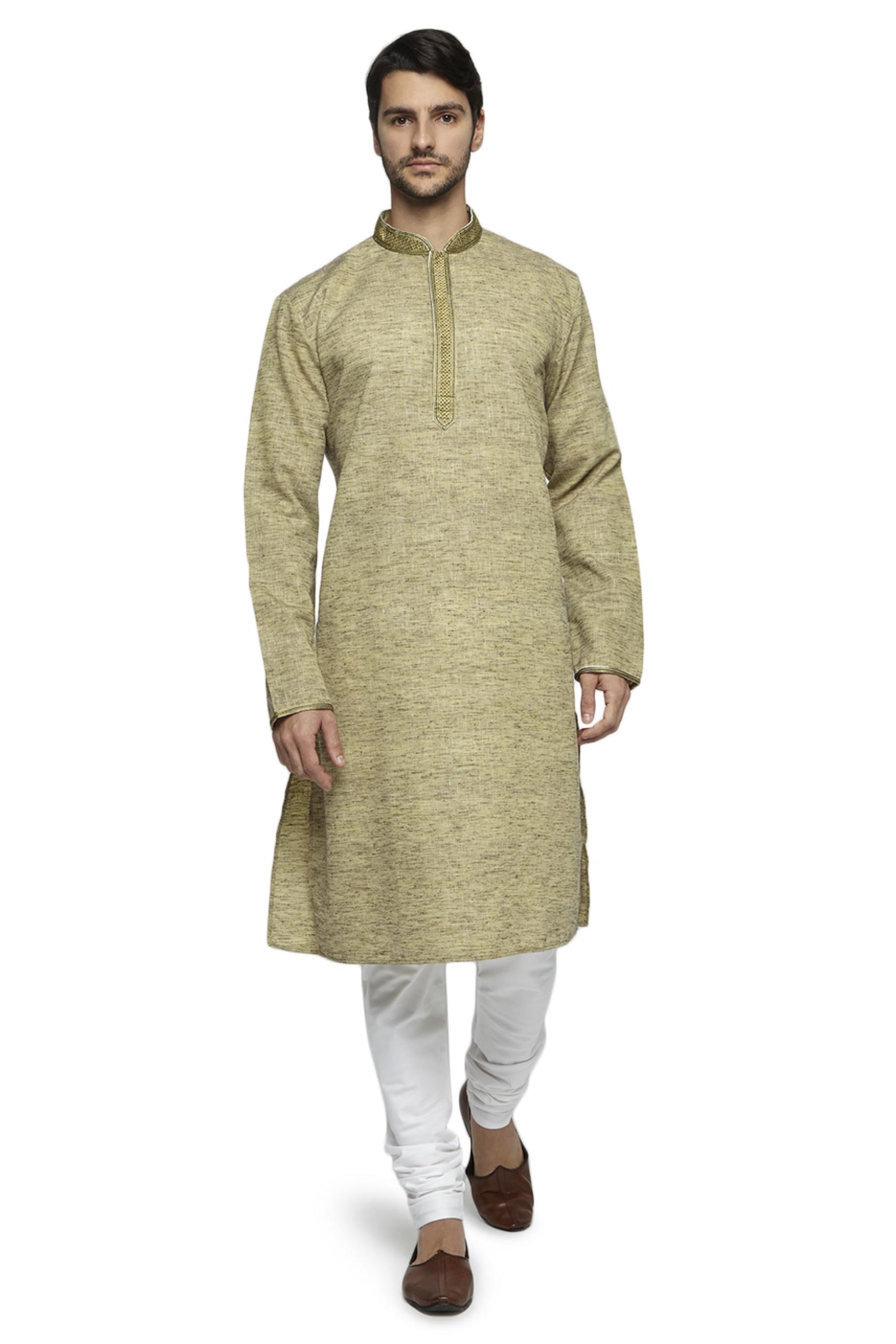 Ethnix Men's Mandarin Collar Textured Olive Green Long Kurta Tunic with Hand Embroidered Placket
