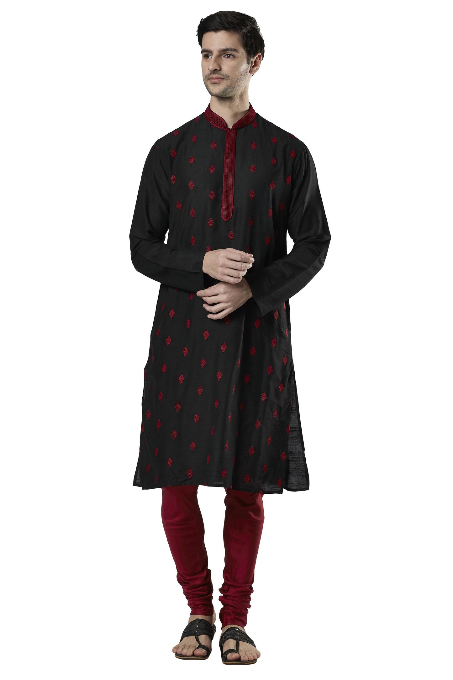 Ethnix Men's Indian Embroidered Mandarin Collar Festive Kurta Tunic Pajama Set Black