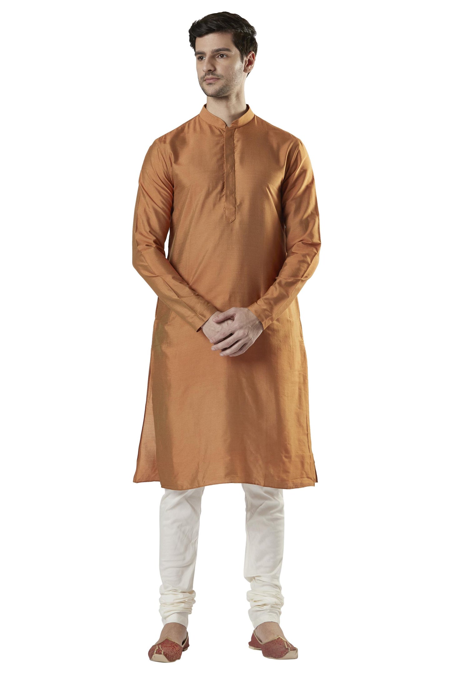 Ethnix Men's Indian Banded Collar Silk Blend Comfortable Kurta Tunic Pajama Set Sand