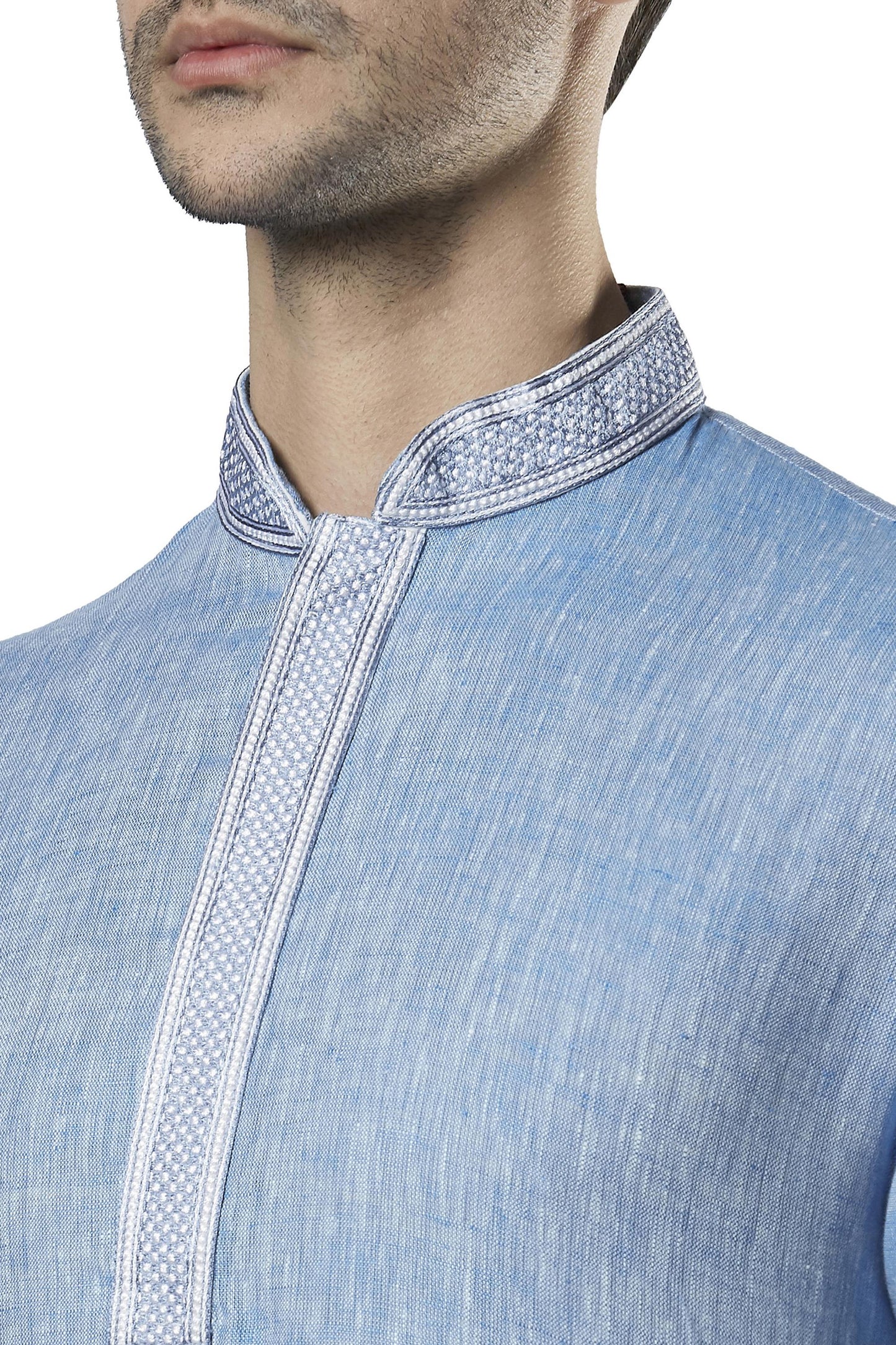 Ethnix Men's Embroidered Banded Collar Pure Linen Indian Kurta Tunic Pajama Set Sky Blue