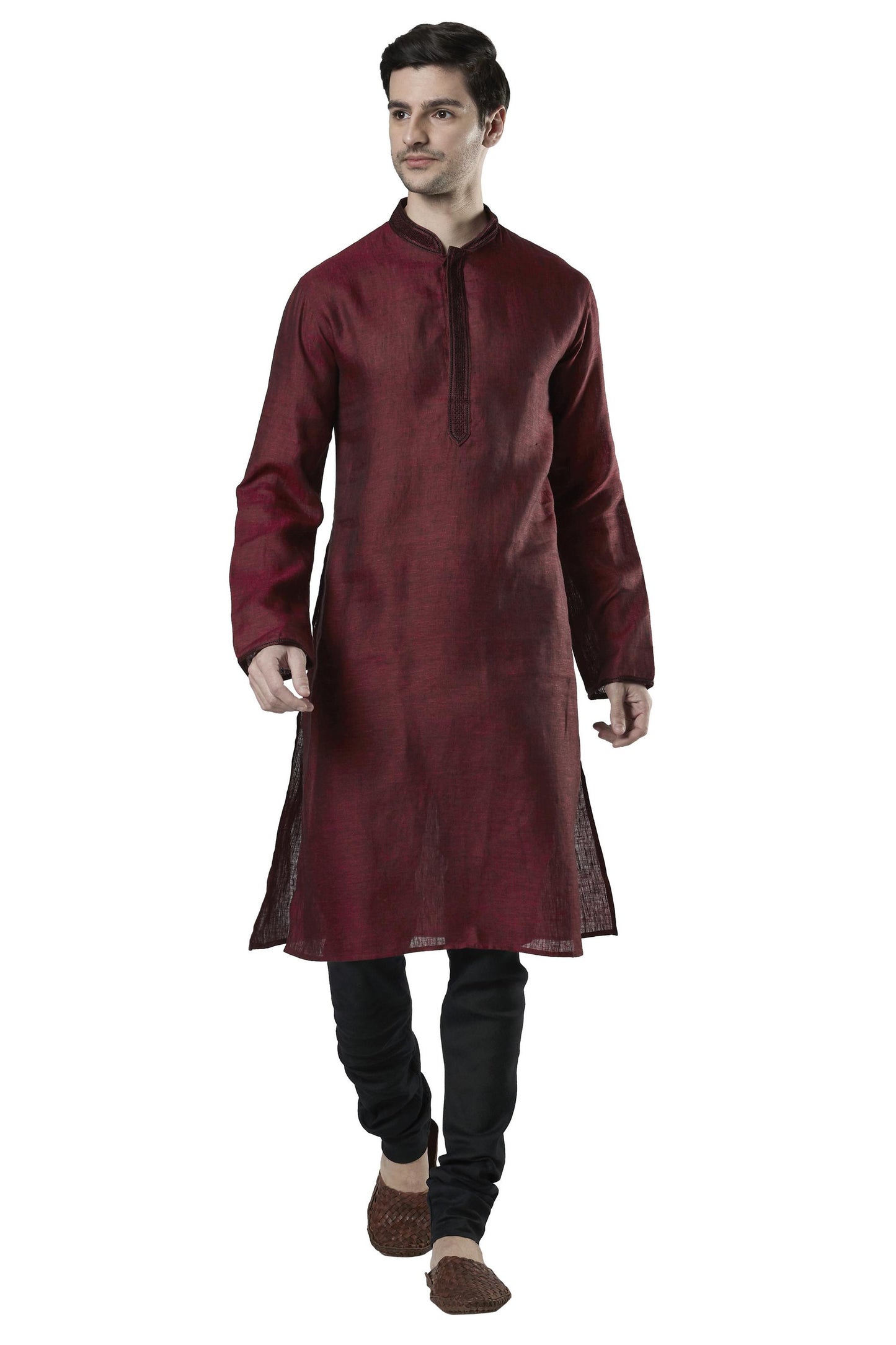 Ethnix Men's Embroidered Banded Collar Pure Linen Indian Kurta Tunic Pajama Set Maroon