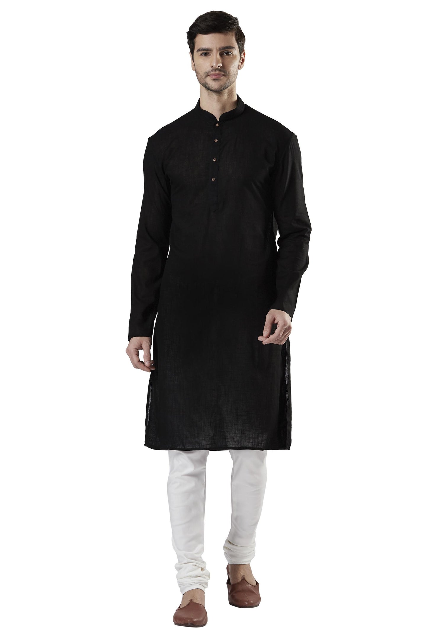 Ethnix Men's Indian Mandarin Collar Pure Cotton Textured Kurta Tunic Pajama Set Black