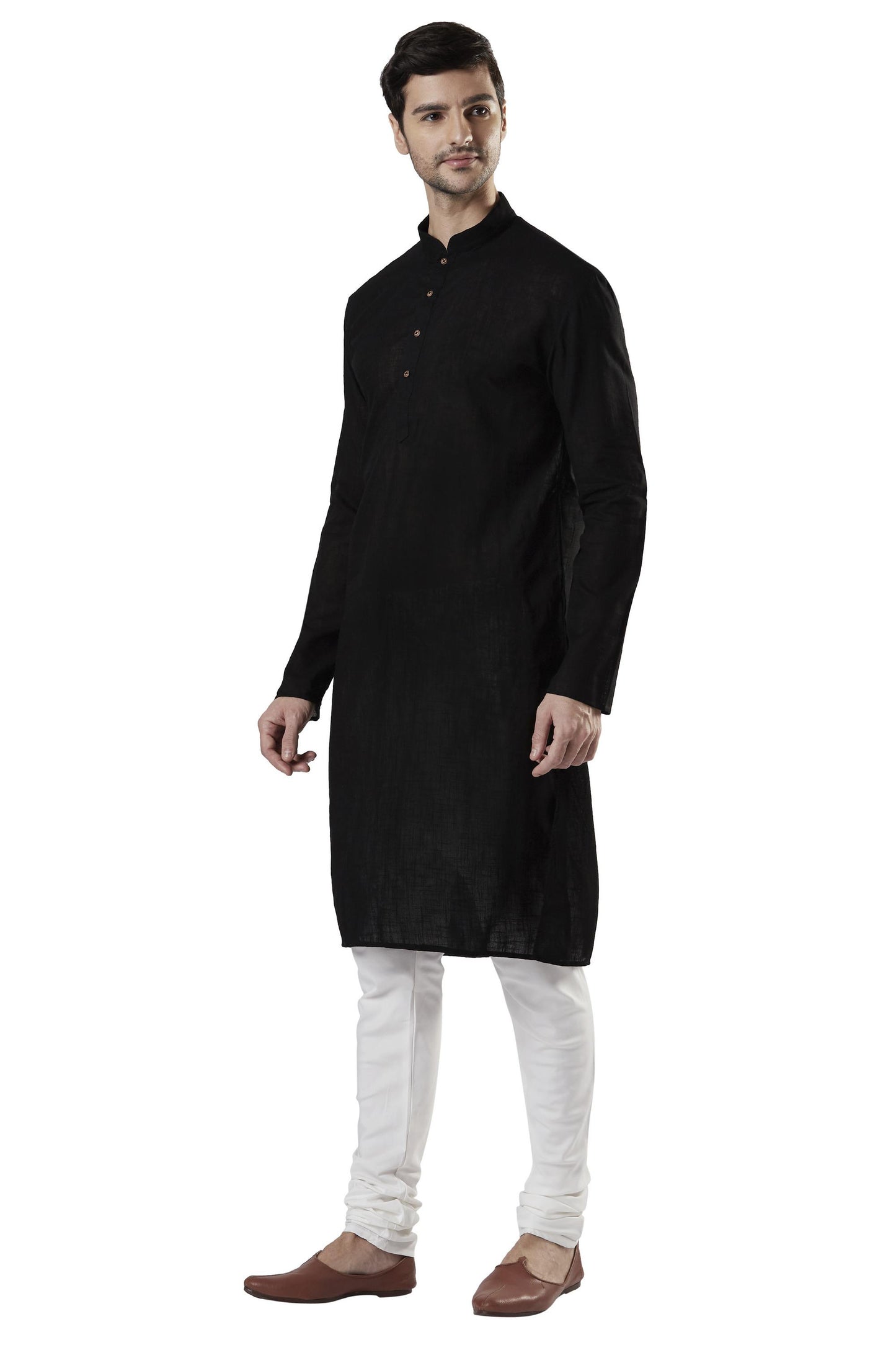 Ethnix Men's Indian Mandarin Collar Pure Cotton Textured Kurta Tunic Pajama Set Black