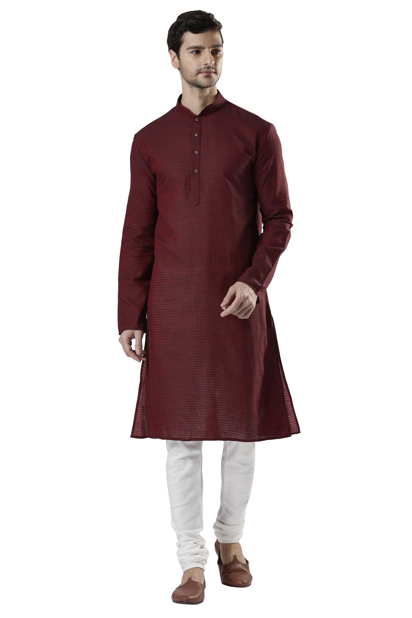 Ethnix Men's Indian Banded Collar Fine Thread Textured Kurta Tunic Pajama Set