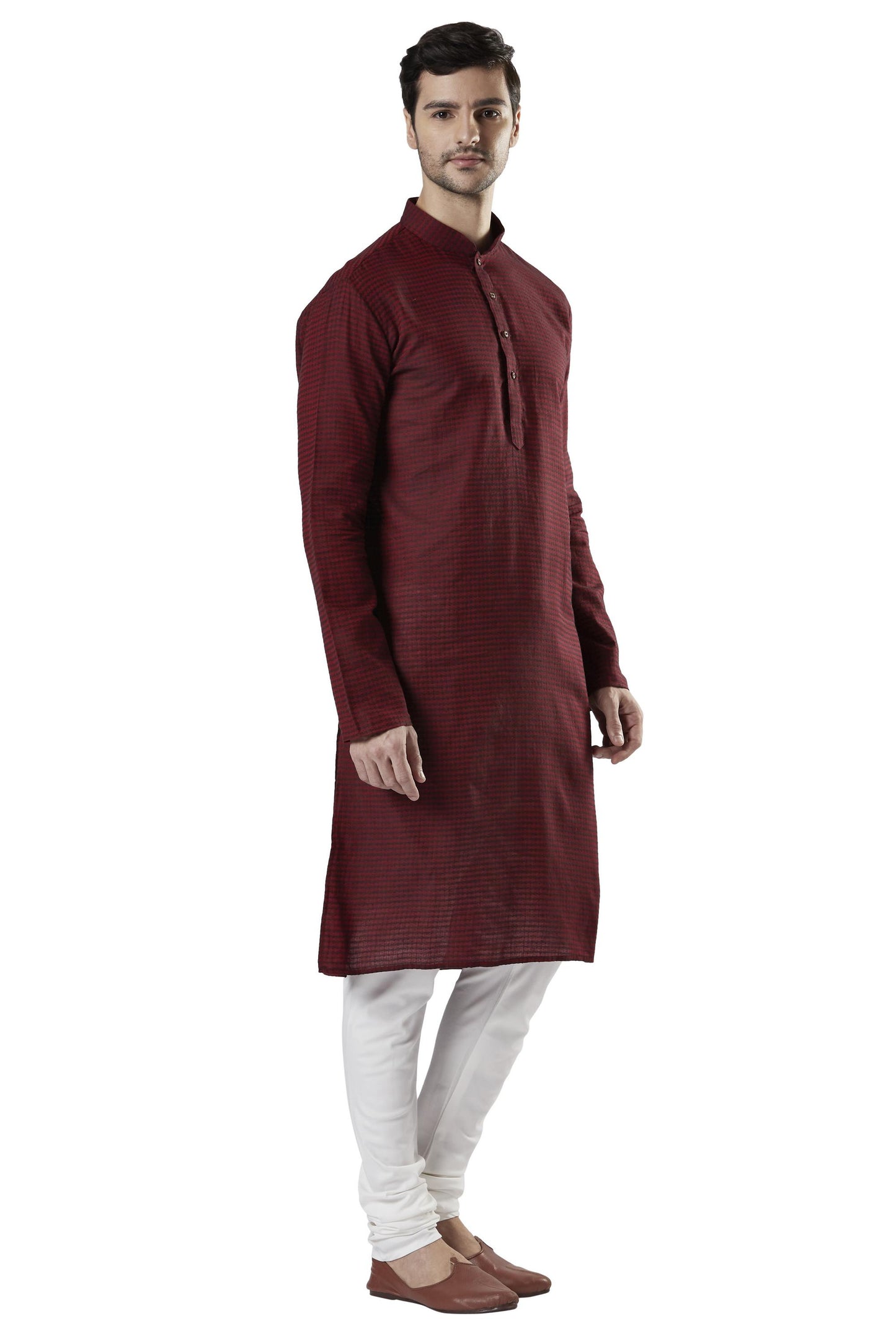 Ethnix Men's Indian Banded Collar Fine Thread Textured Kurta Tunic Pajama Set