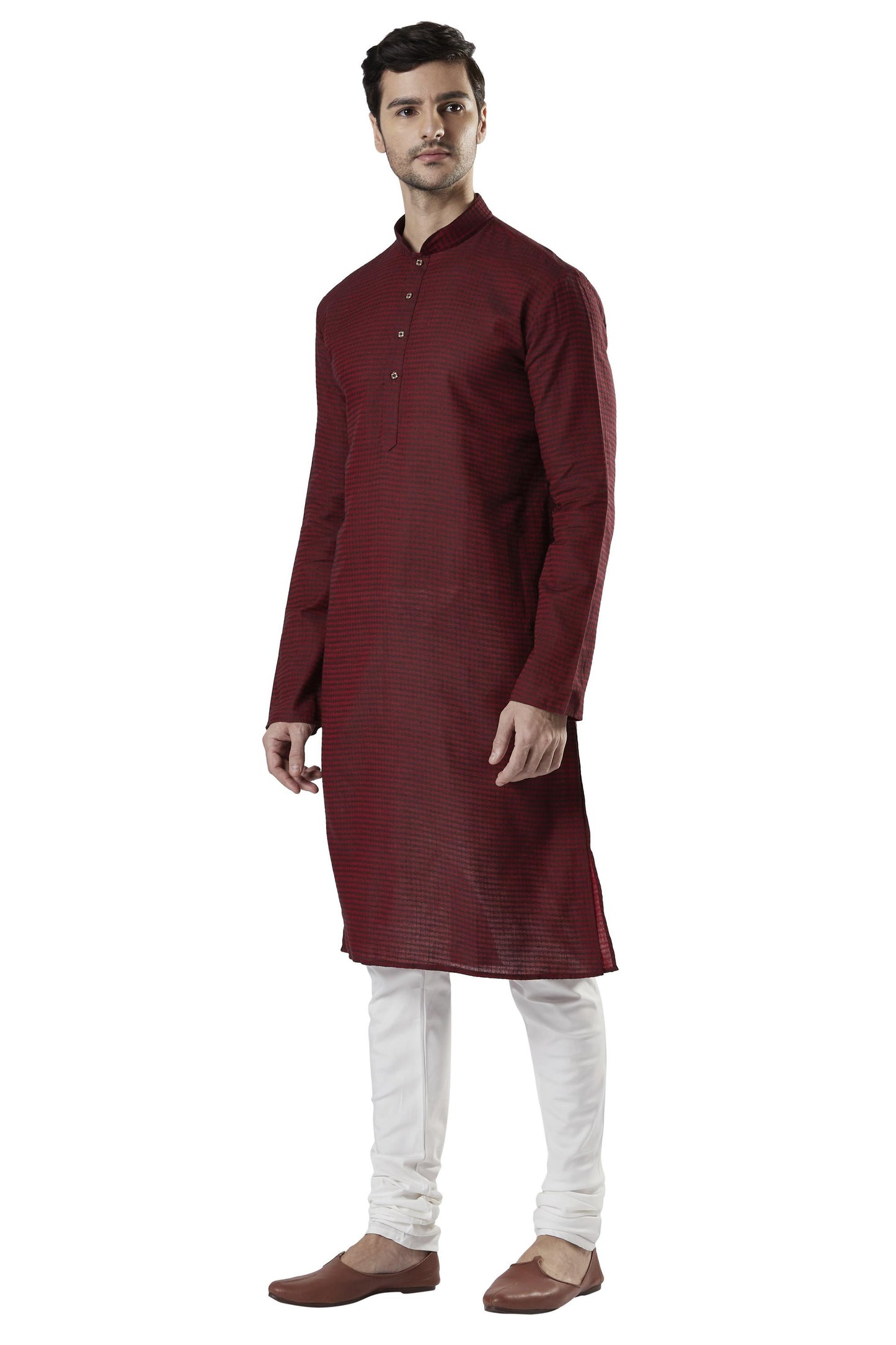 Ethnix Men's Indian Banded Collar Fine Thread Textured Kurta Tunic Pajama Set