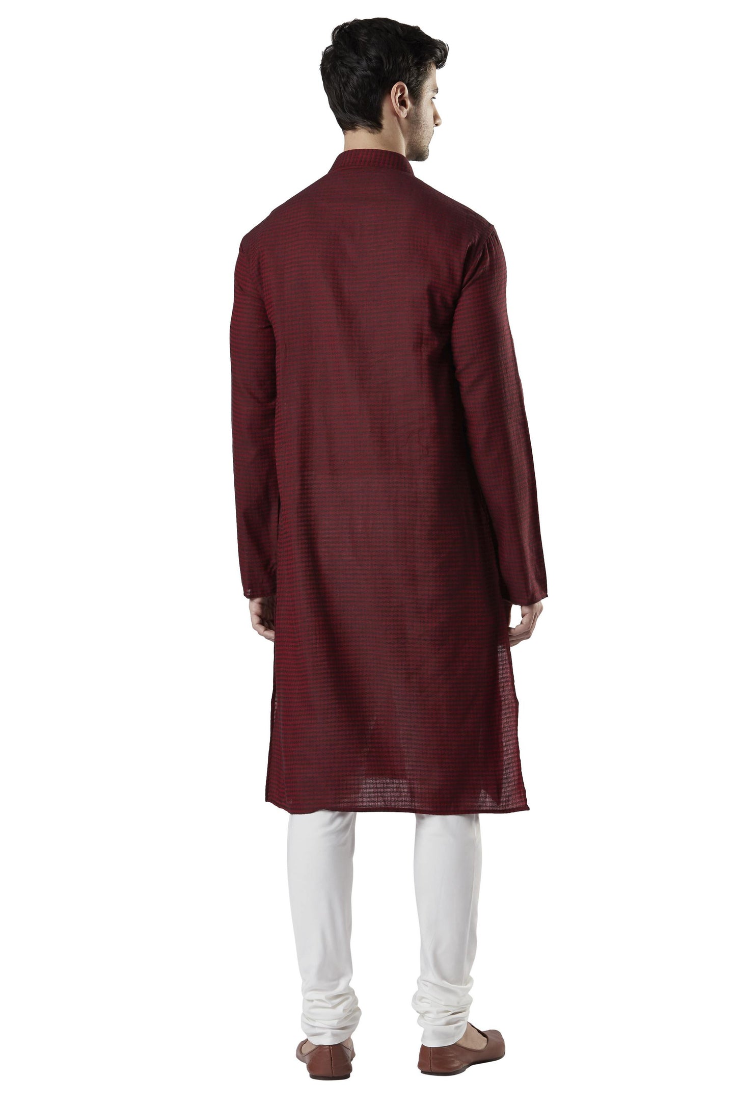 Ethnix Men's Indian Banded Collar Fine Thread Textured Kurta Tunic Pajama Set