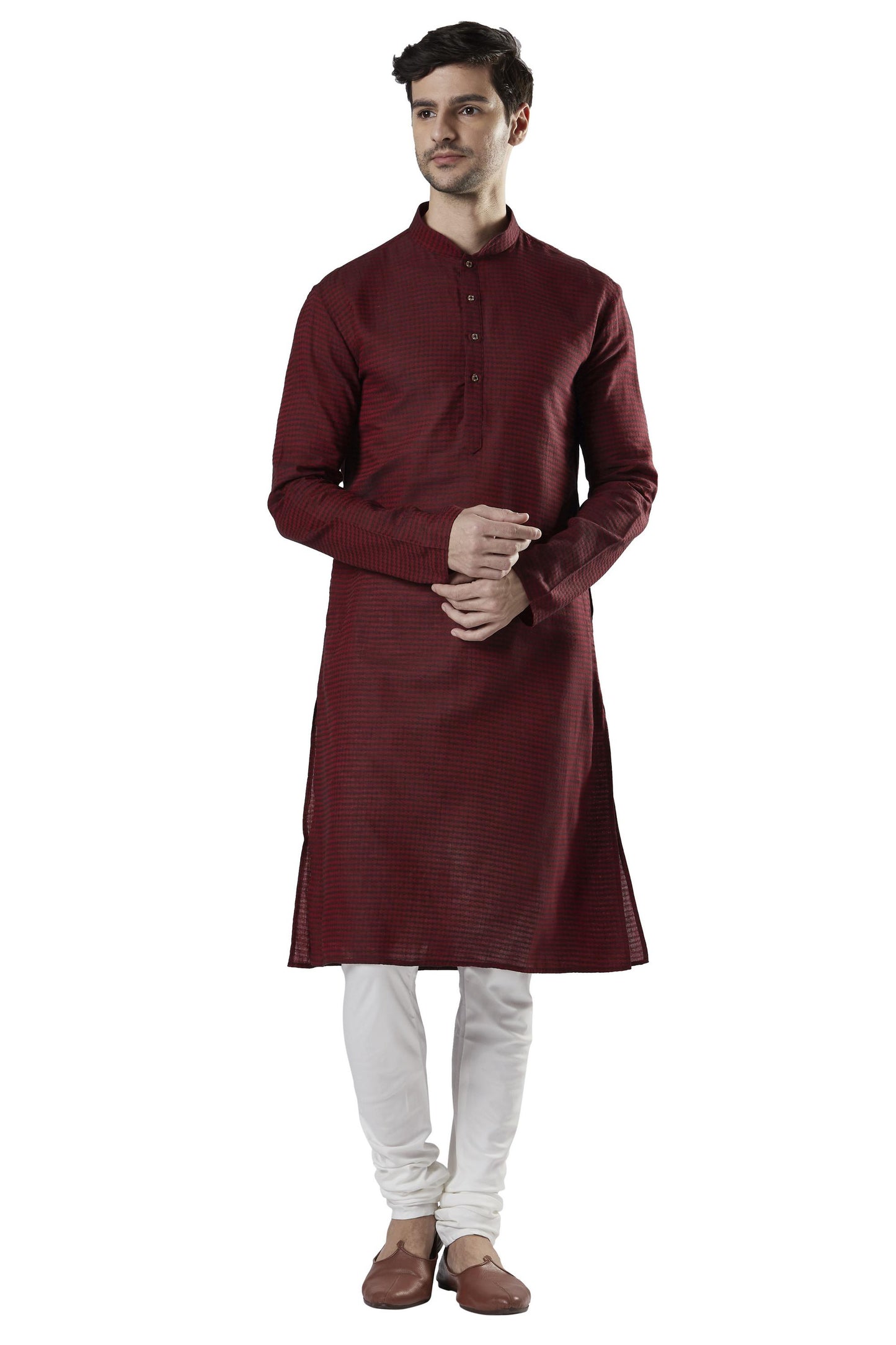 Ethnix Men's Indian Banded Collar Fine Thread Textured Kurta Tunic Pajama Set