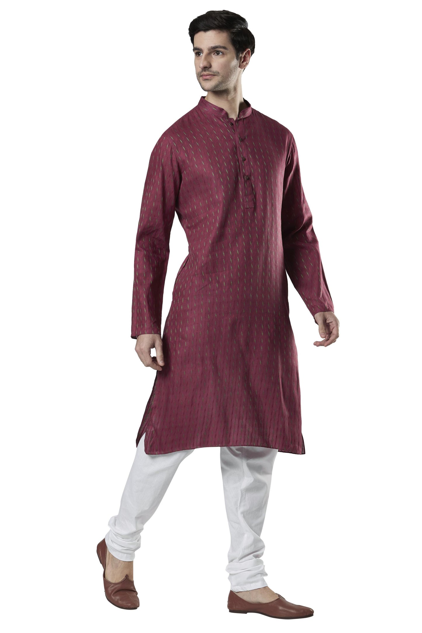 Ethnix Men's Indian Band Collar Micro Dobby Thread Print Kurta Tunic Pajama Set Magenta
