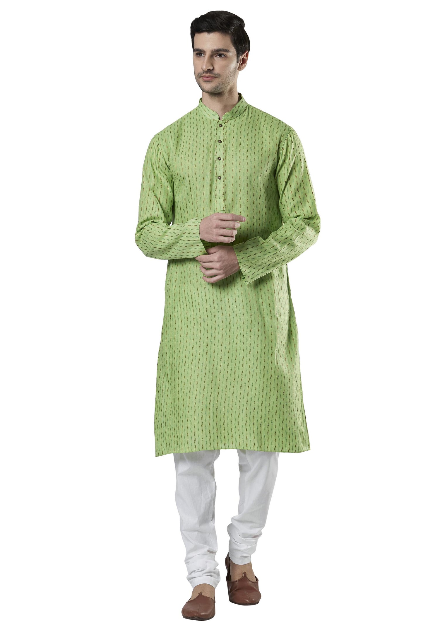 Ethnix Men's Indian Band Collar Micro Dobby Thread Print Kurta Tunic Pajama Set Mint Green