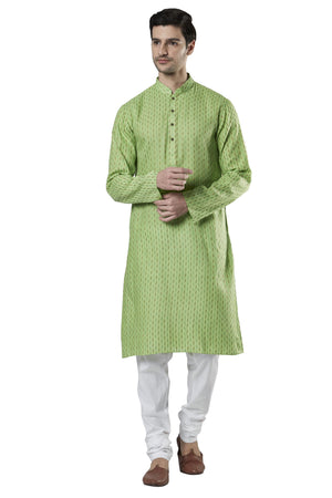 Ethnix Men's Indian Band Collar Micro Dobby Thread Print Kurta Tunic Pajama Set Mint Green