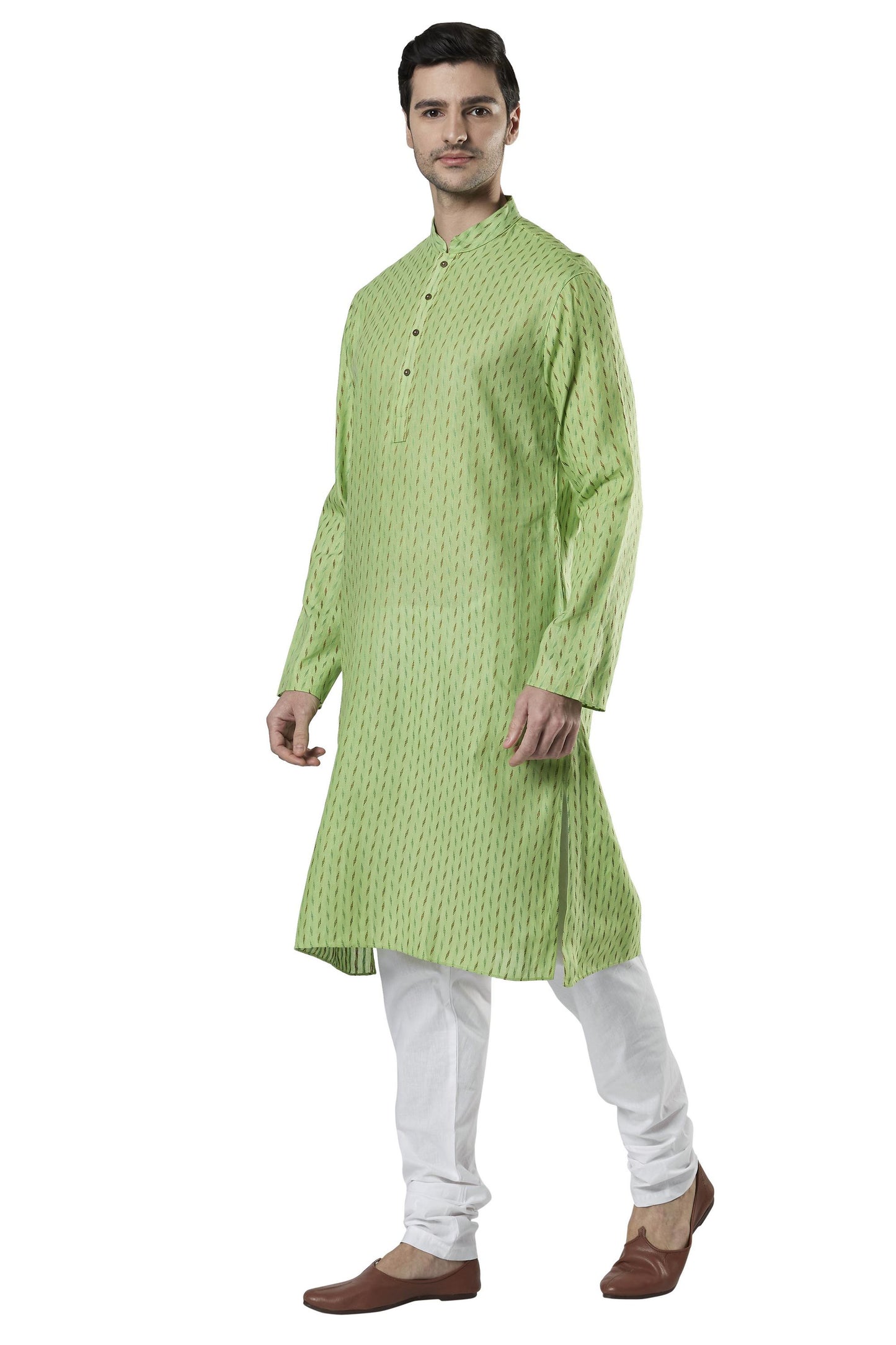 Ethnix Men's Indian Band Collar Micro Dobby Thread Print Kurta Tunic Pajama Set Mint Green