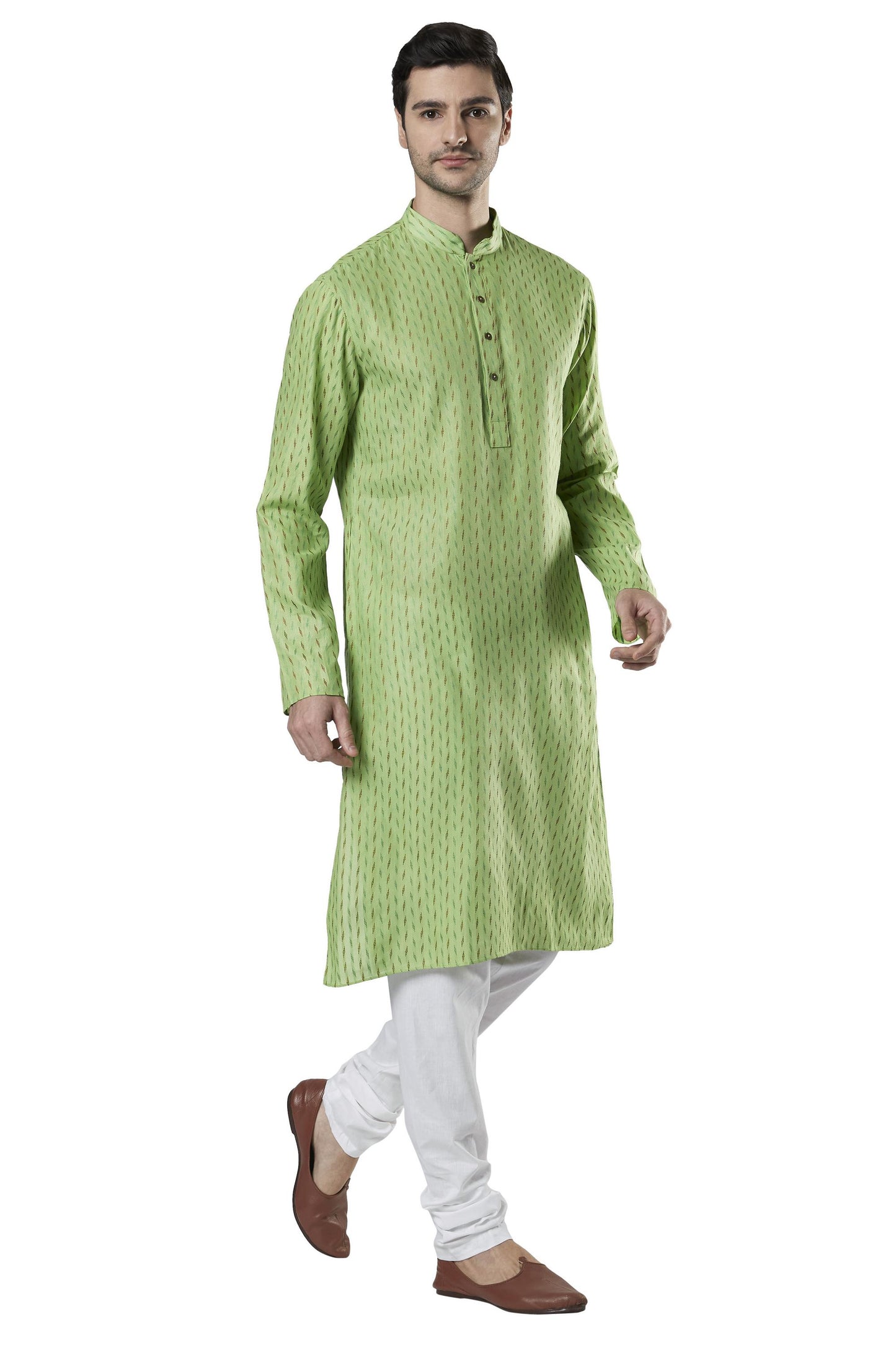 Ethnix Men's Indian Band Collar Micro Dobby Thread Print Kurta Tunic Pajama Set Mint Green