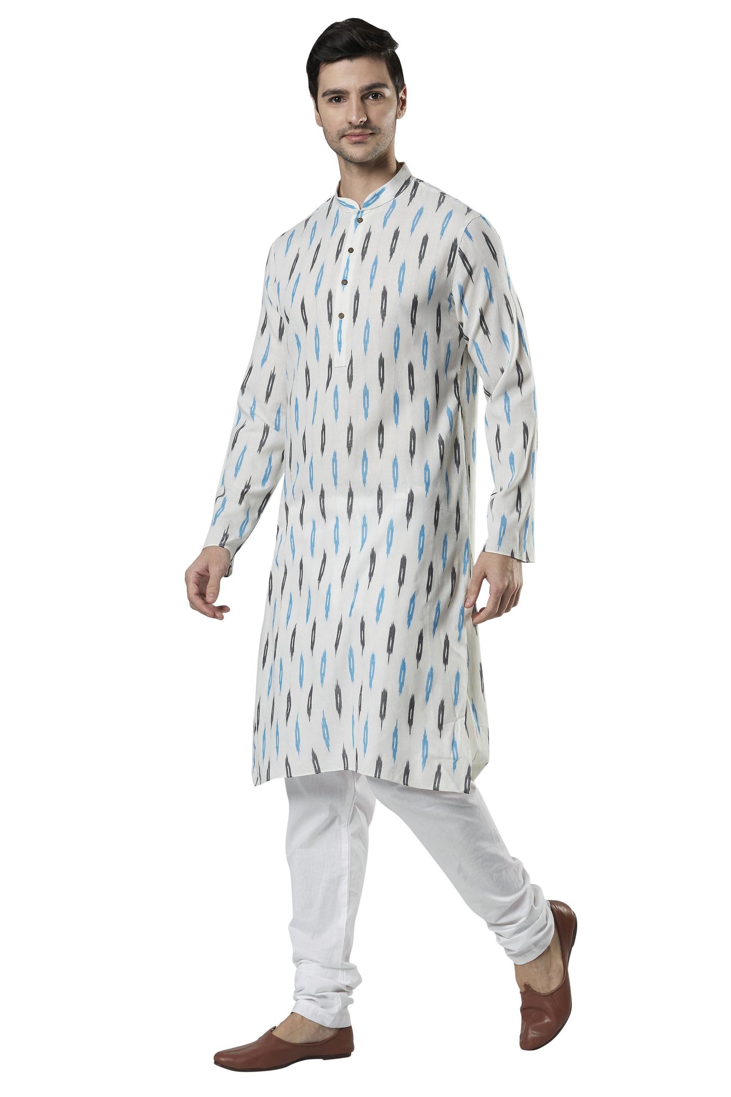 Ethnix Men's Indian Mandarin Collar Textured Ikkat Print Kurta Tunic Pajama Set