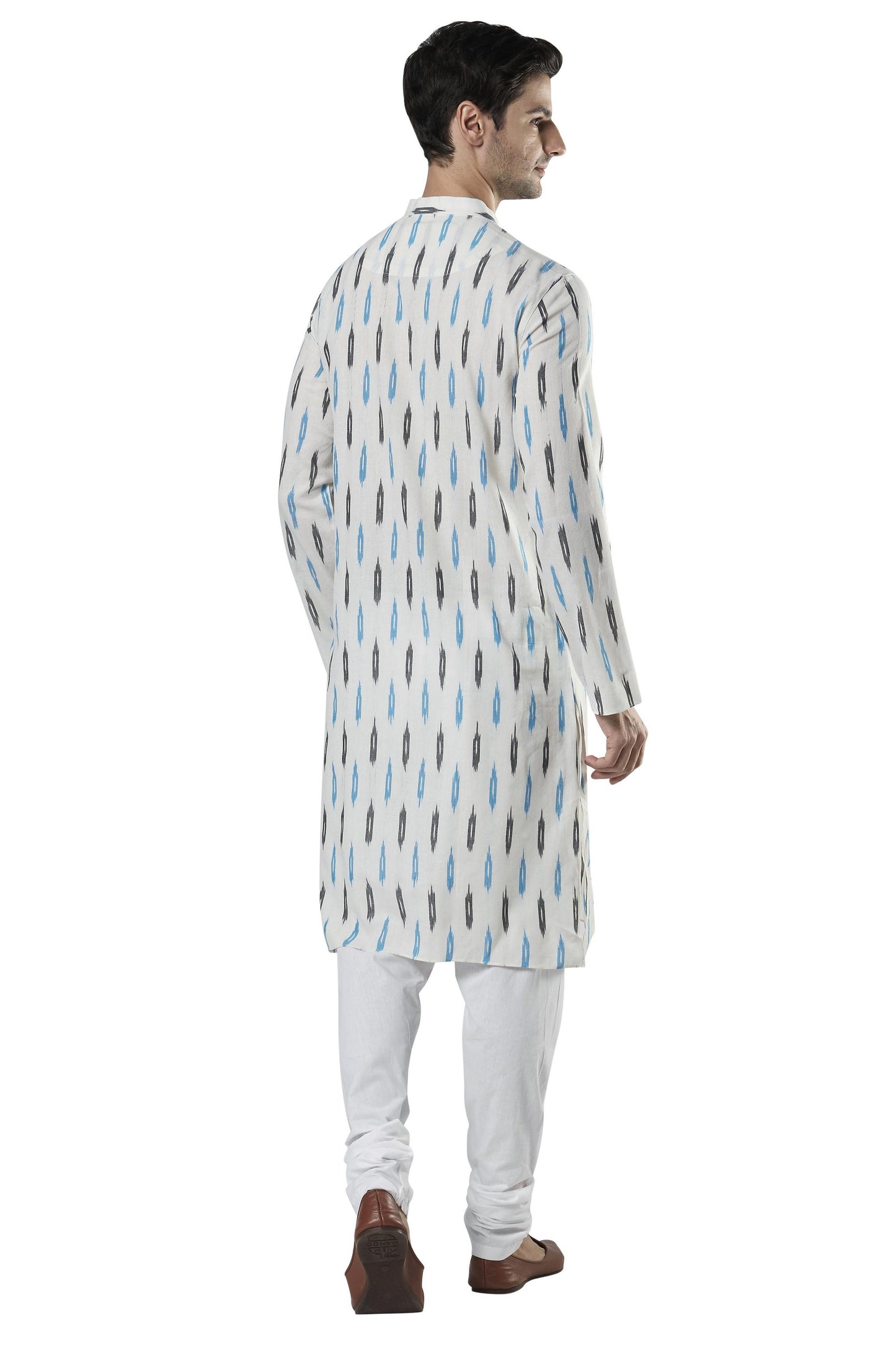 Ethnix Men's Indian Mandarin Collar Textured Ikkat Print Kurta Tunic Pajama Set