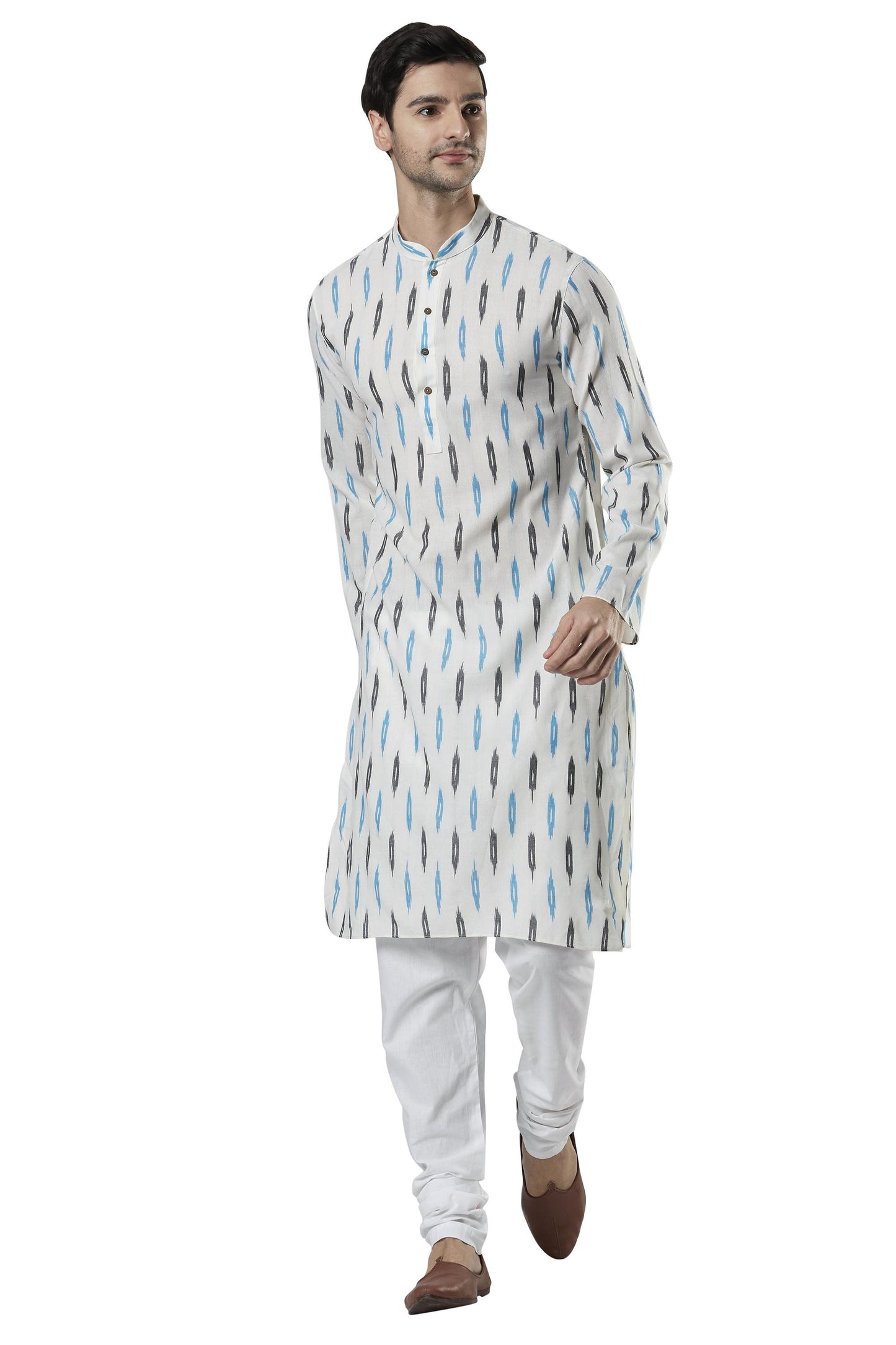 Ethnix Men's Indian Mandarin Collar Textured Ikkat Print Kurta Tunic Pajama Set