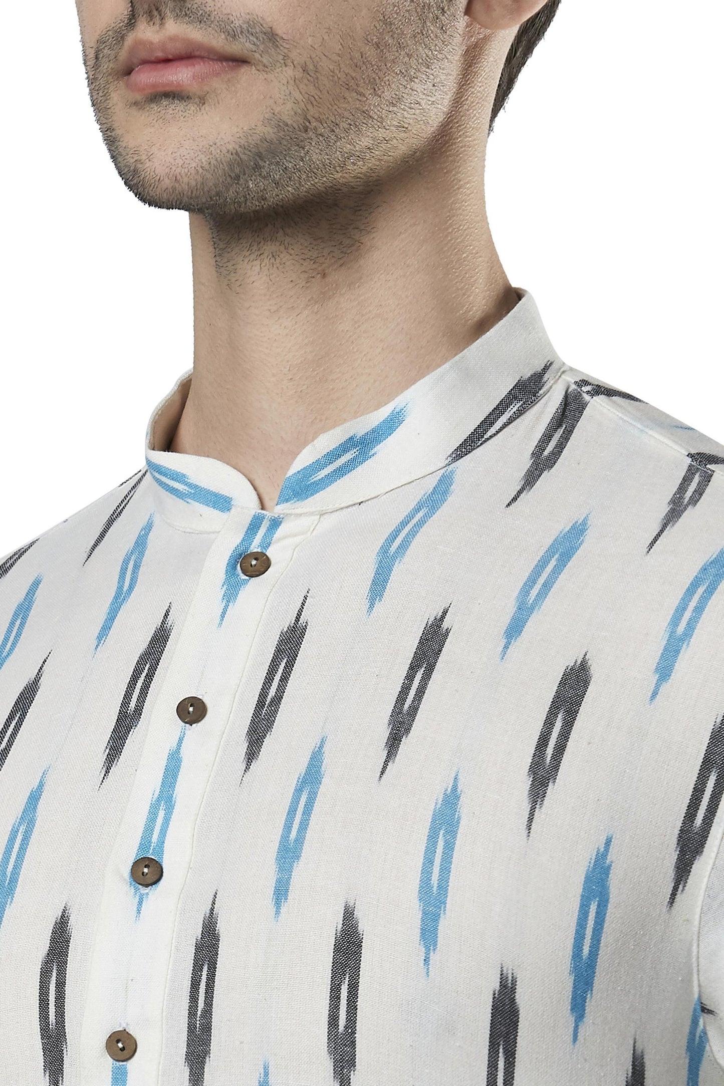 Ethnix Men's Indian Mandarin Collar Textured Ikkat Print Kurta Tunic Pajama Set