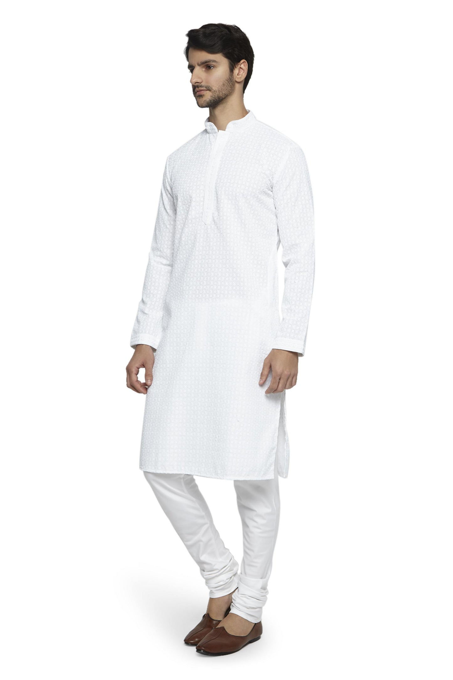 Ethnix Men's Mandarin Collar All-Over Chikaankari Embroidered  Kurta Pajama 2-piece set