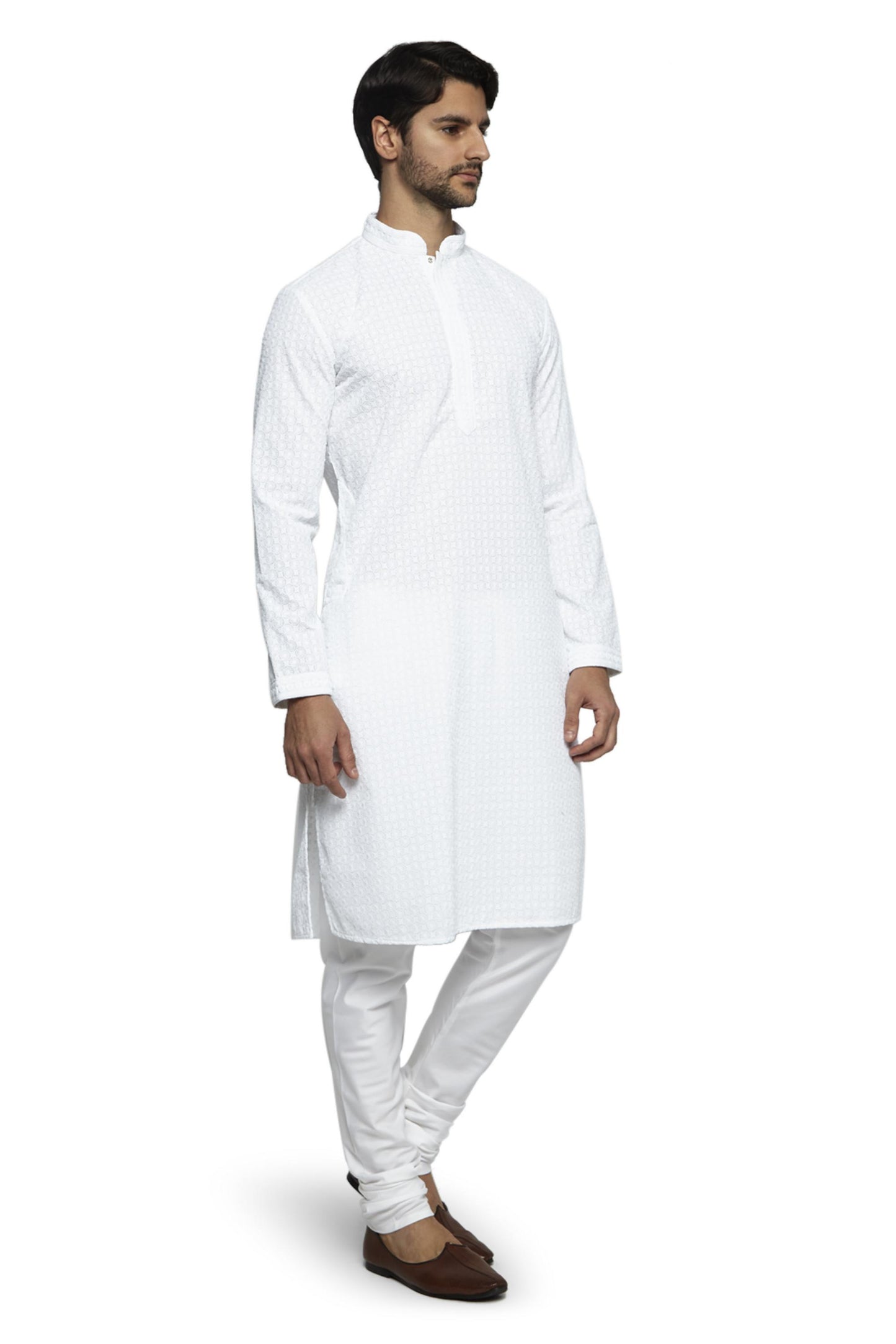 Ethnix Men's Mandarin Collar All-Over Chikaankari Embroidered  Kurta Pajama 2-piece set