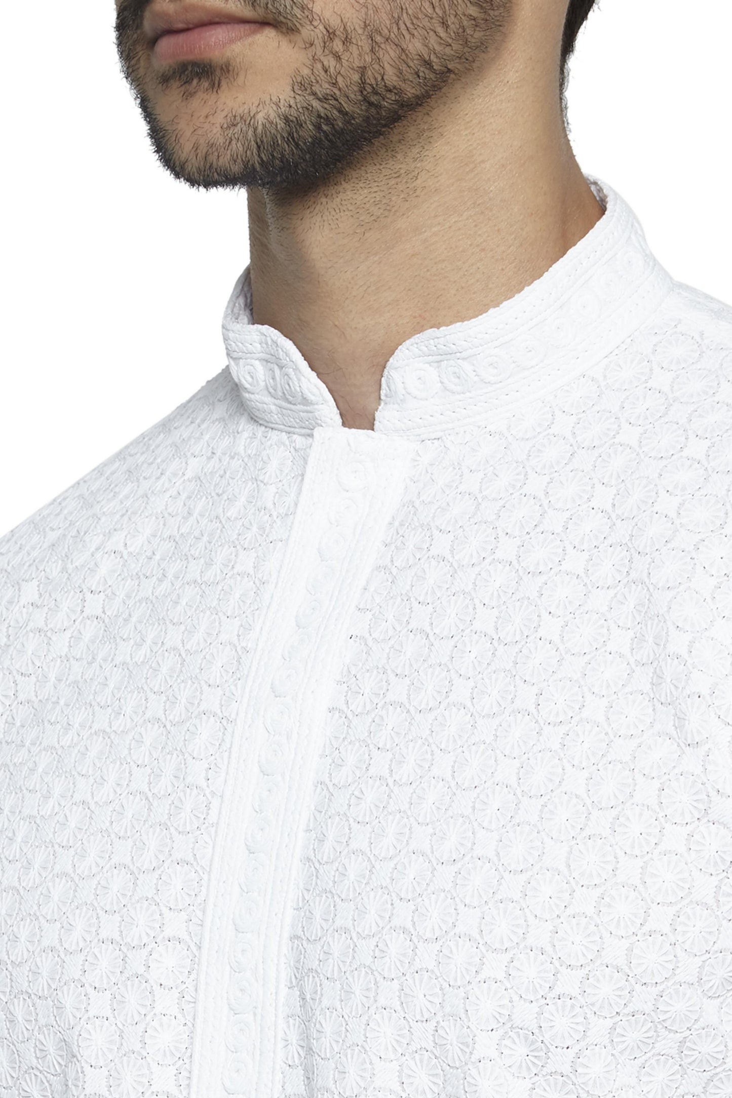 Ethnix Men's Mandarin Collar All-Over Chikaankari Embroidered  Kurta Pajama 2-piece set