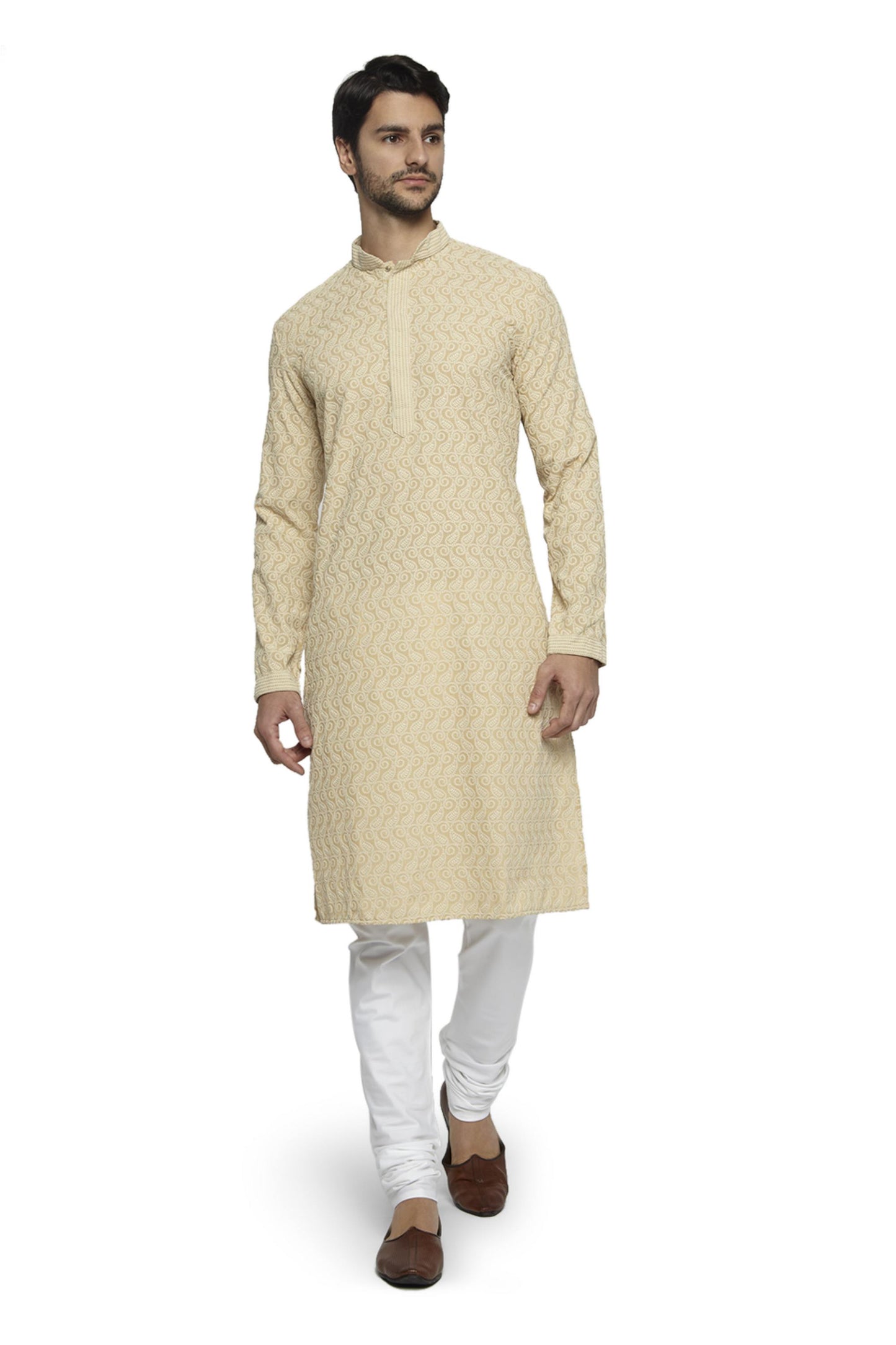 Ethnix Men's Mandarin Collar Handmade Motif Chikaankari Embroidered Kurta Pajama 2-piece set