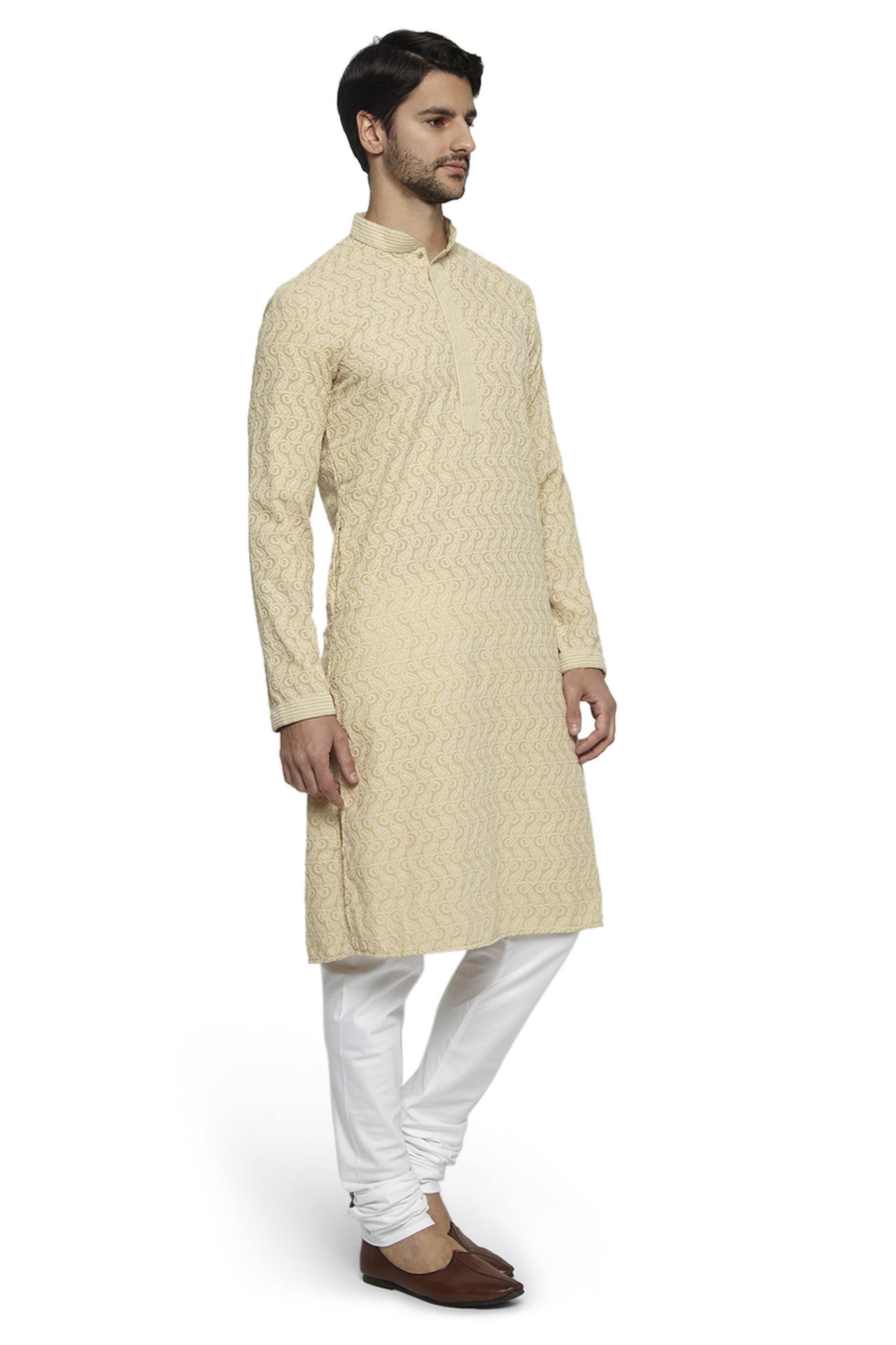 Ethnix Men's Mandarin Collar Handmade Motif Chikaankari Embroidered Kurta Pajama 2-piece set