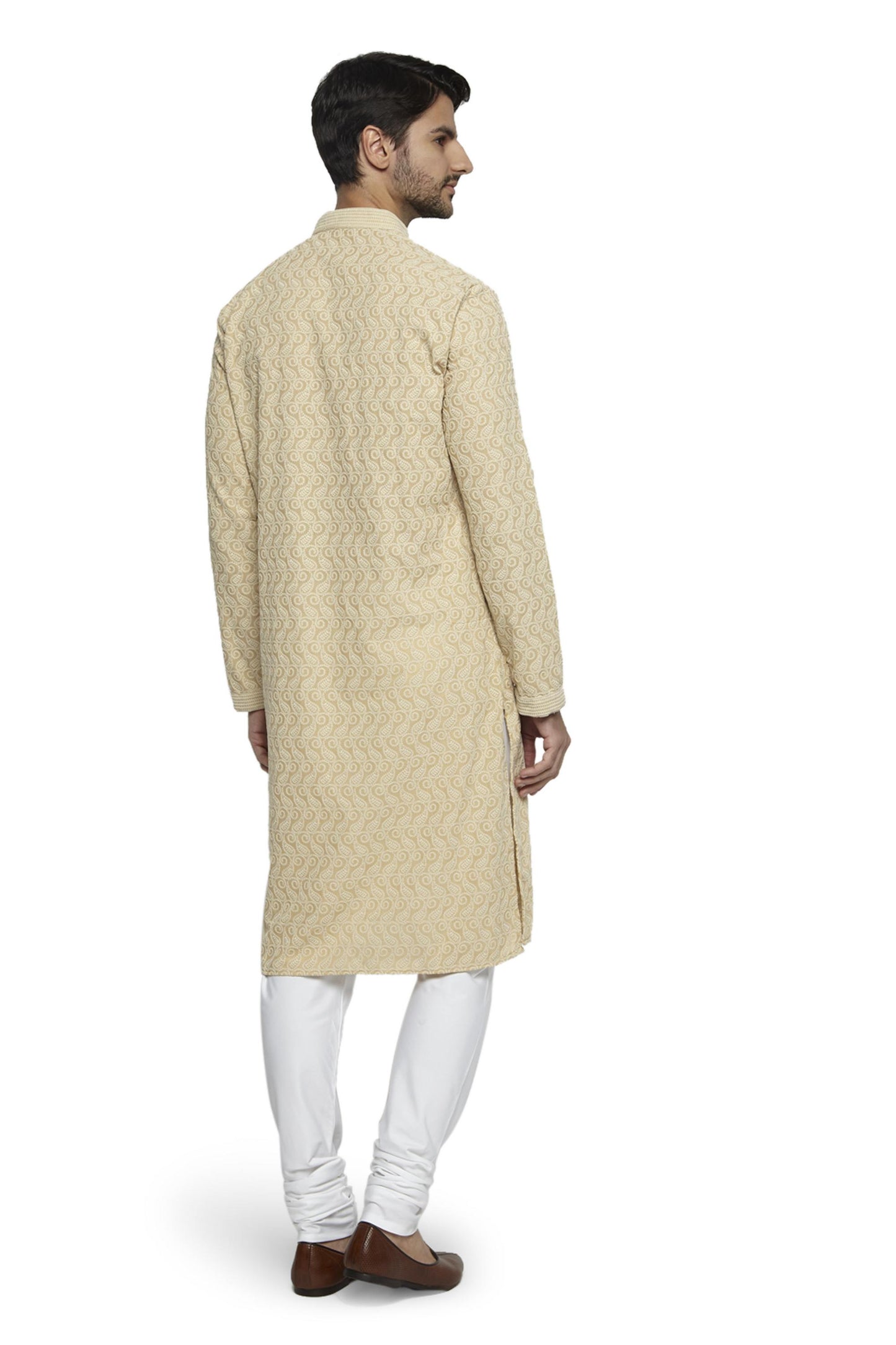 Ethnix Men's Mandarin Collar Handmade Motif Chikaankari Embroidered Kurta Pajama 2-piece set