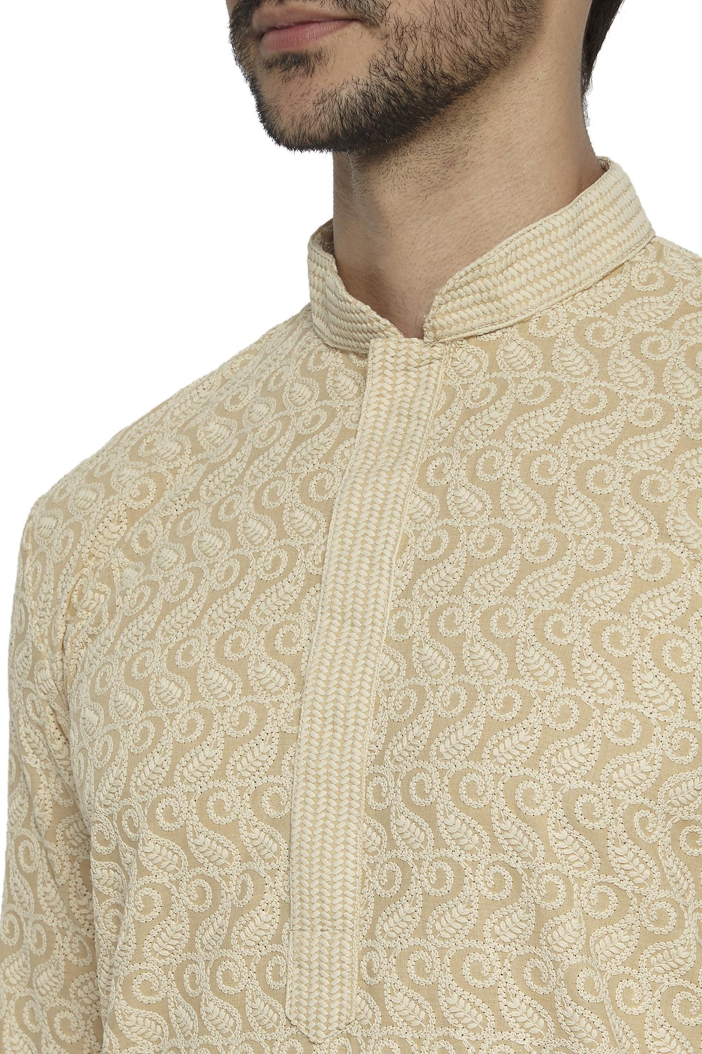 Ethnix Men's Mandarin Collar Handmade Motif Chikaankari Embroidered Kurta Pajama 2-piece set
