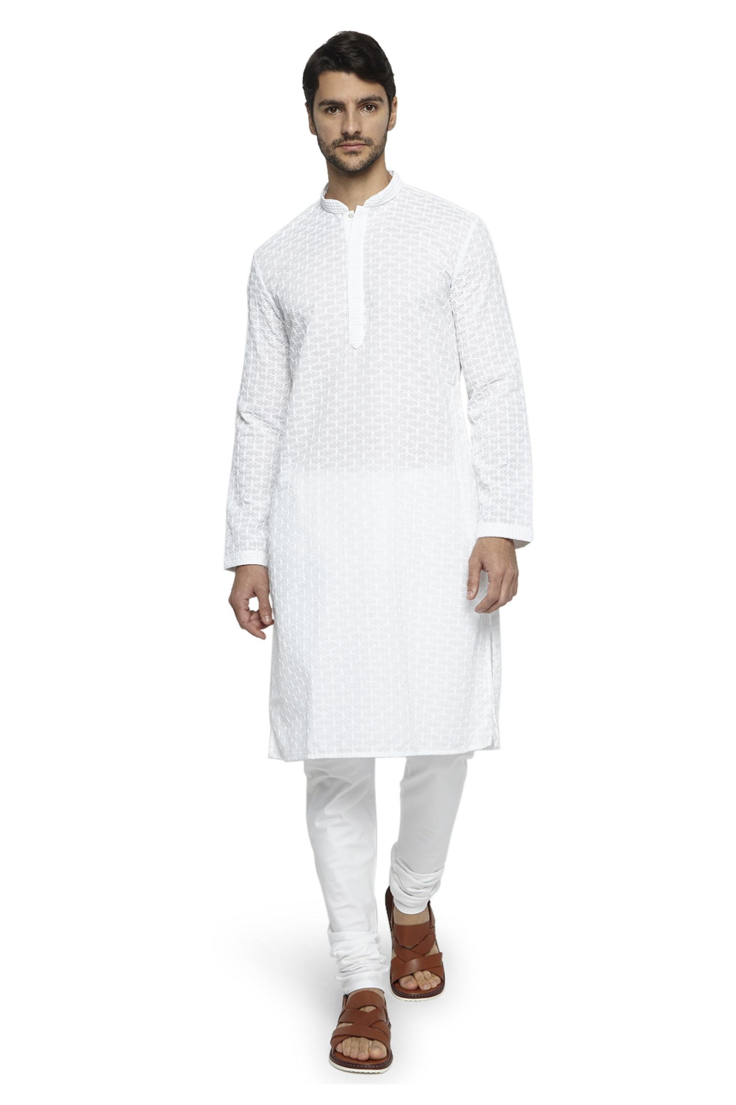 Ethnix Men's Mandarin Collar Handmade White Chikaankari Embroidered Kurta Pajama 2-piece set