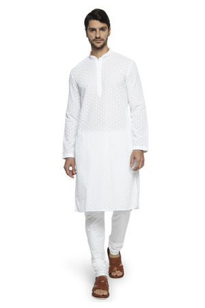 Ethnix Men's Mandarin Collar Handmade White Chikaankari Embroidered Kurta Pajama 2-piece set