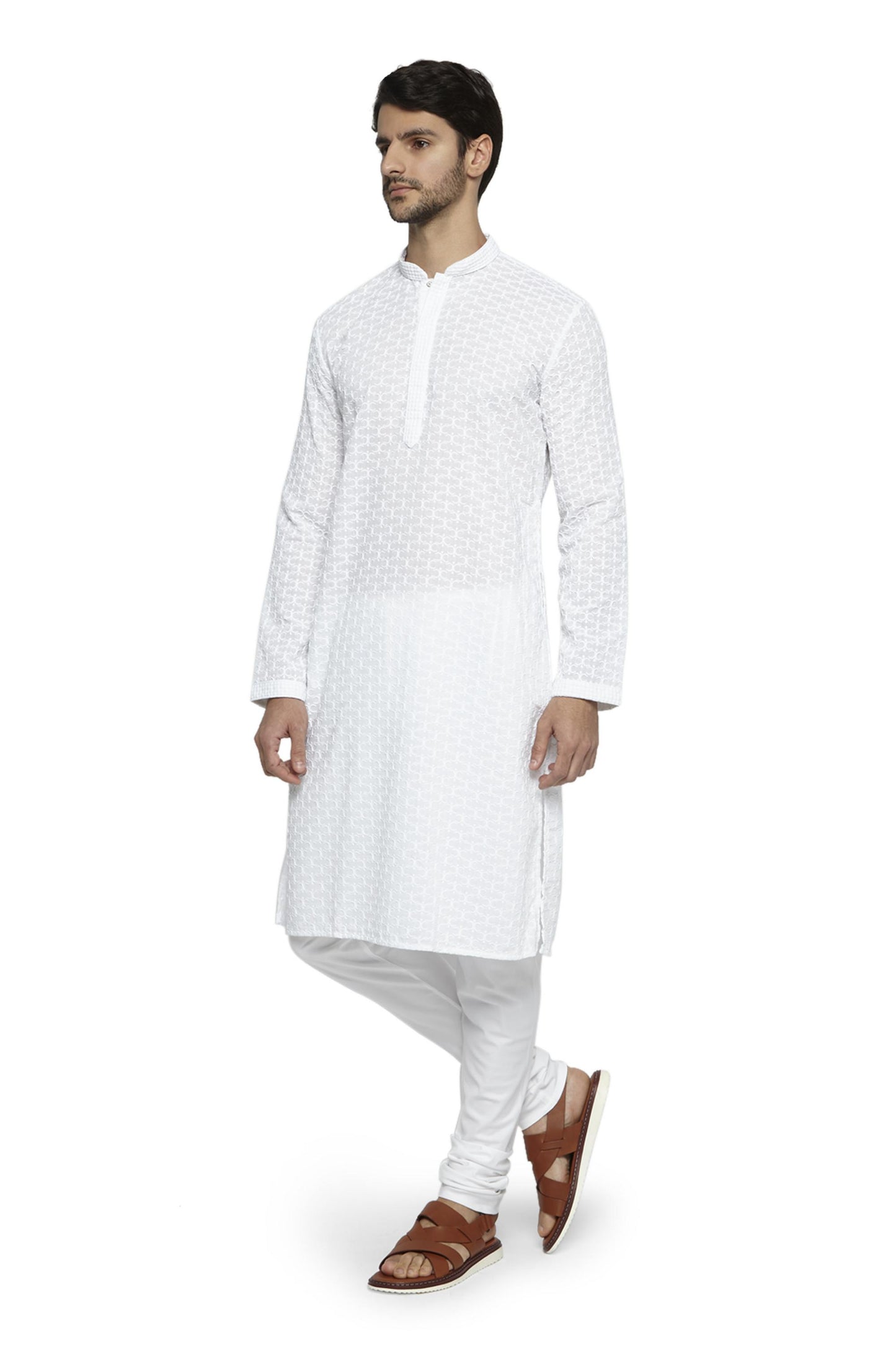 Ethnix Men's Mandarin Collar Handmade White Chikaankari Embroidered Kurta Pajama 2-piece set