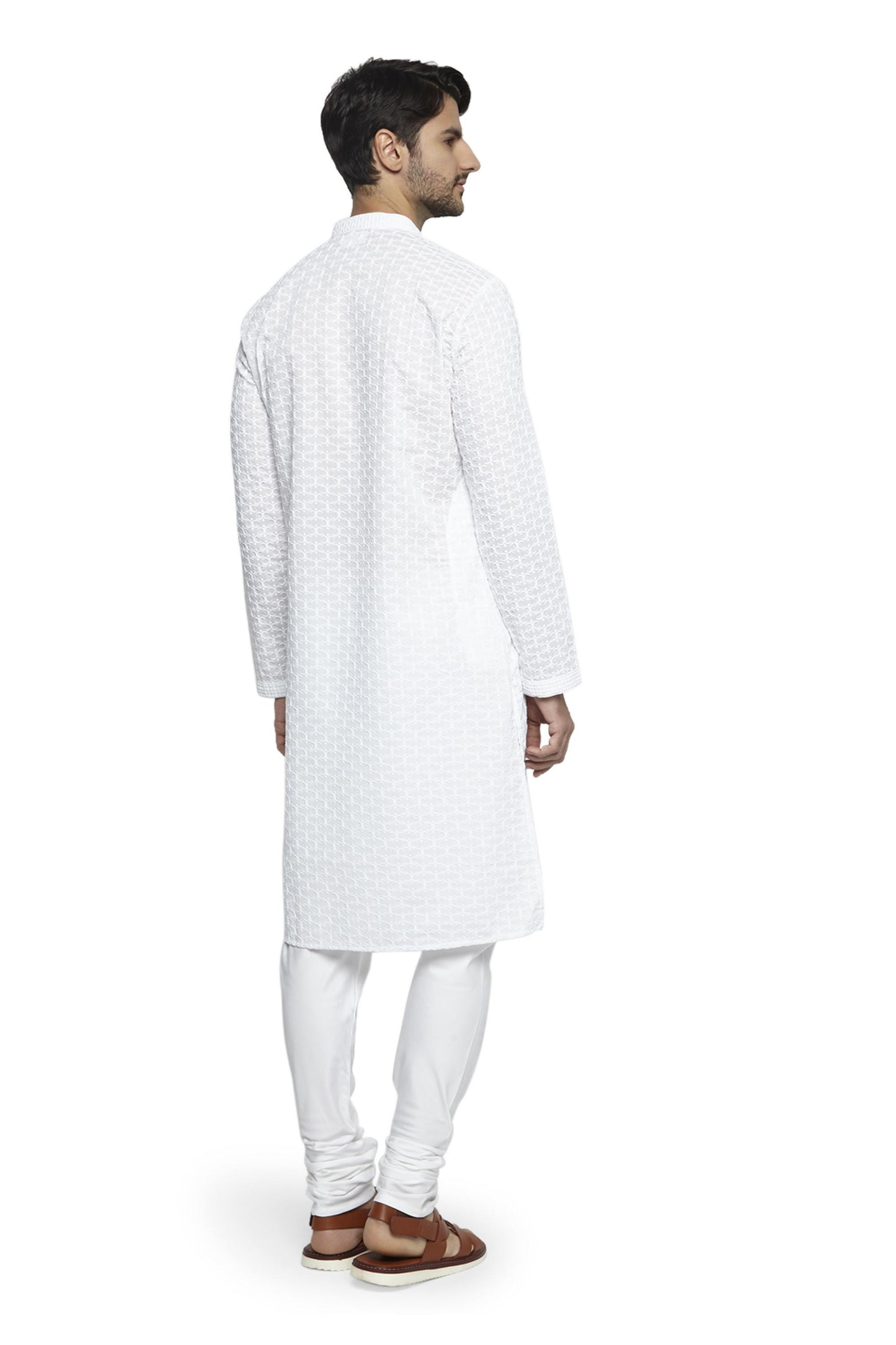 Ethnix Men's Mandarin Collar Handmade White Chikaankari Embroidered Kurta Pajama 2-piece set