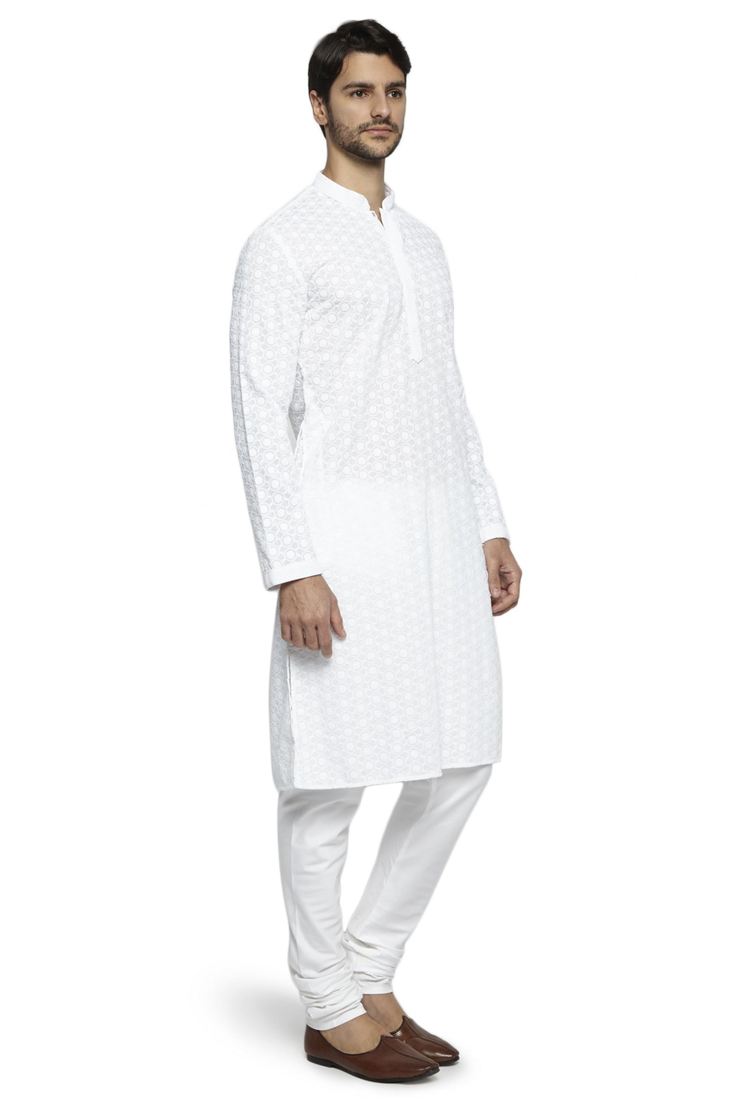 Ethnix Men's Mandarin Collar Handmade All - Over White Chikaankari Embroidered Kurta Pajama 2-piece set