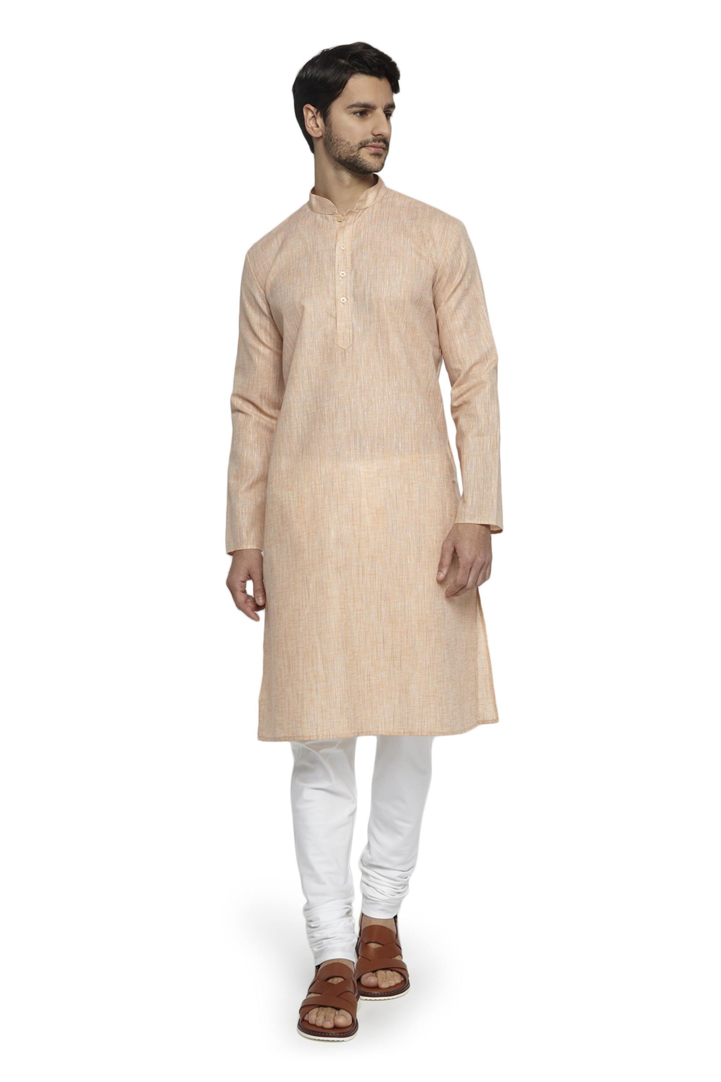 Ethnix Men's Mandarin Collar Solid Textured Staple Kurta Pajama 2-piece set; Peach