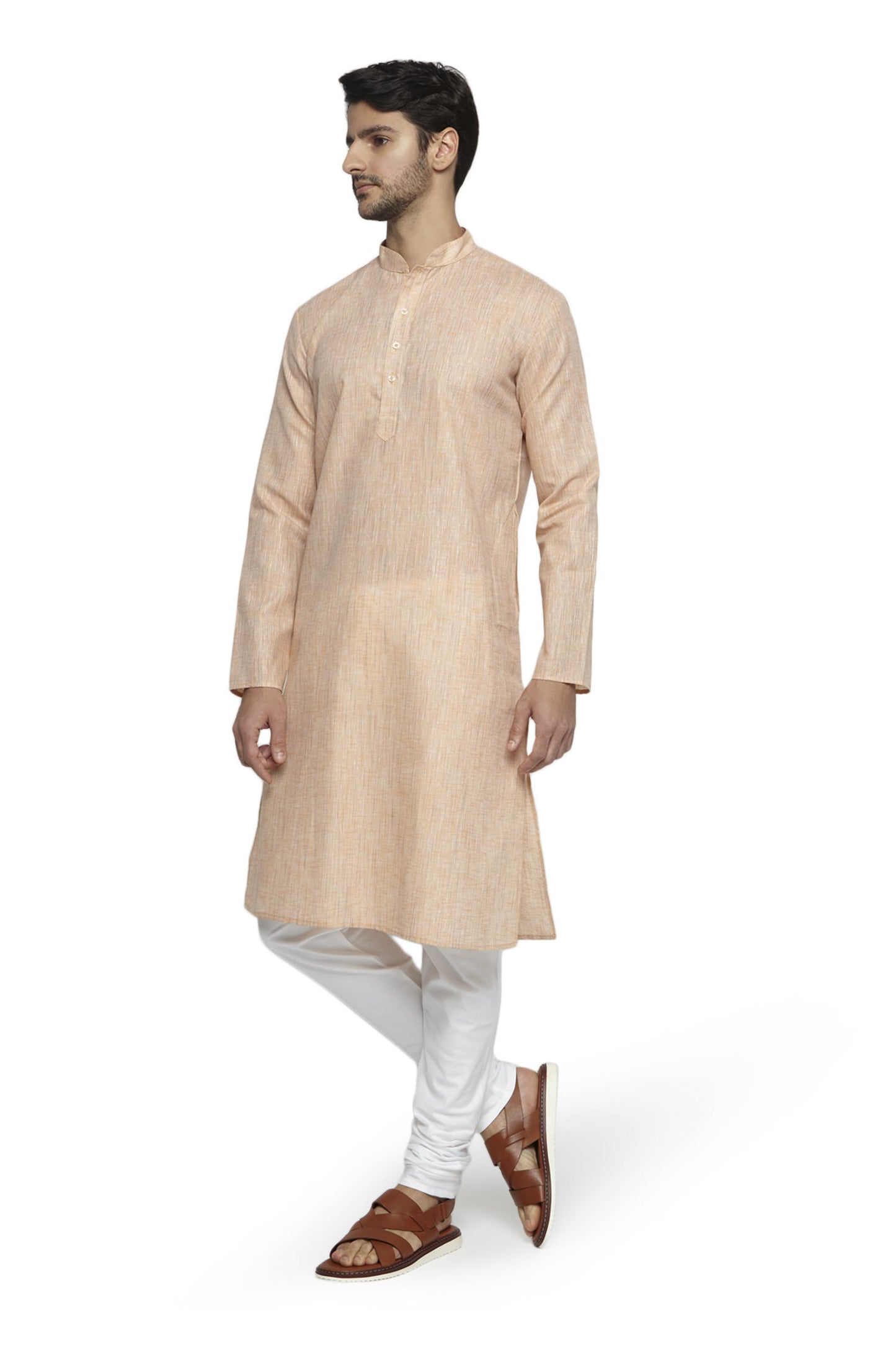 Ethnix Men's Mandarin Collar Solid Textured Staple Kurta Pajama 2-piece set; Peach