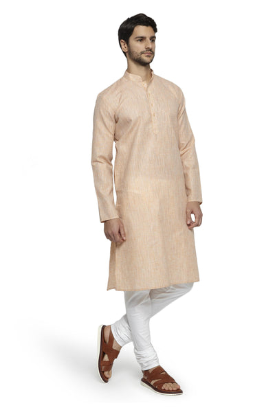 Ethnix Men's Mandarin Collar Solid Textured Staple Kurta Pajama 2-piece set; Peach