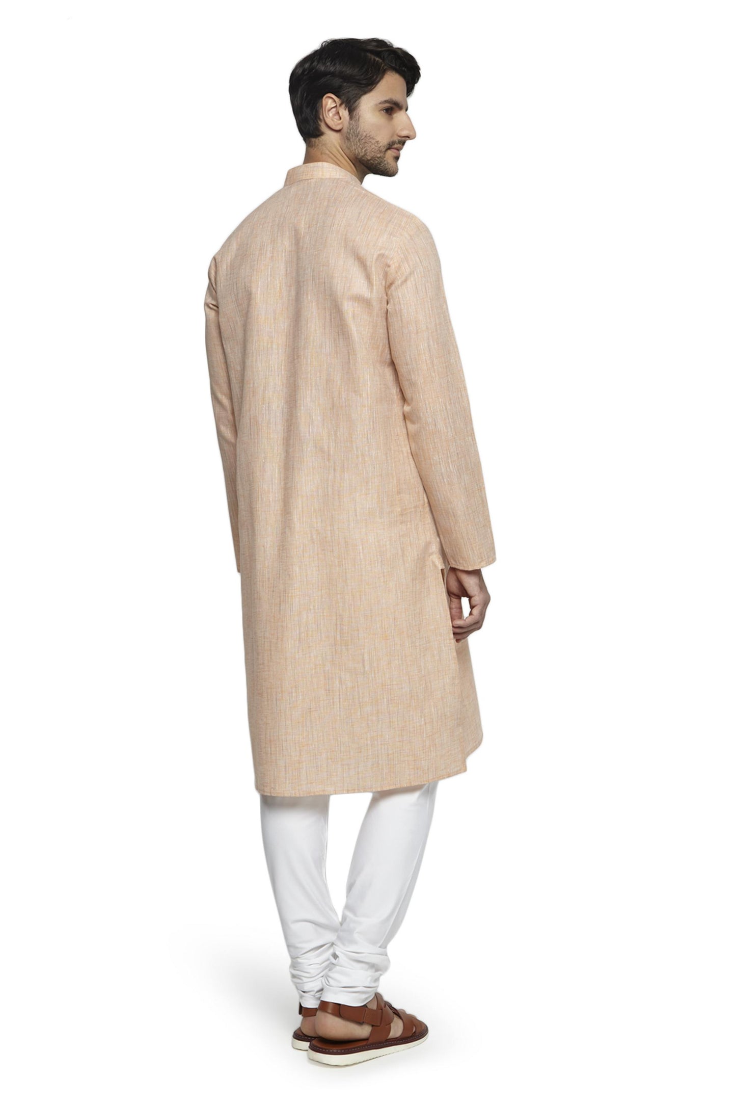Ethnix Men's Mandarin Collar Solid Textured Staple Kurta Pajama 2-piece set; Peach