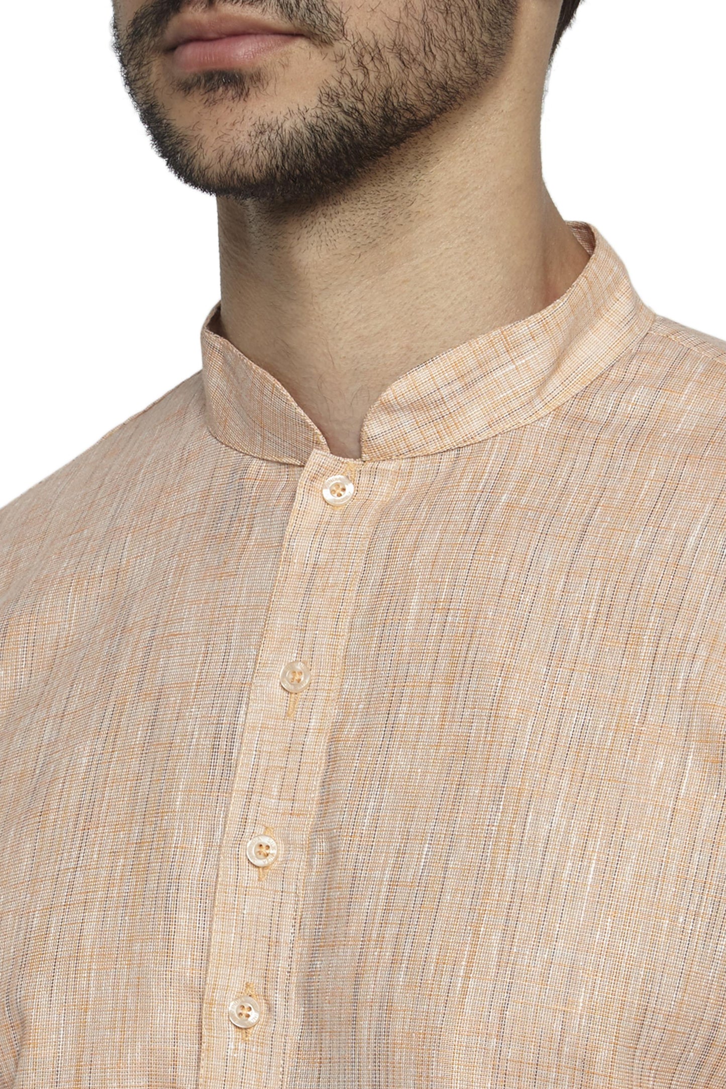 Ethnix Men's Mandarin Collar Solid Textured Staple Kurta Pajama 2-piece set; Peach