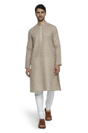 Ethnix Men's Natural Earth Mandarin Collar Solid Textured Staple Kurta Pajama 2-piece set