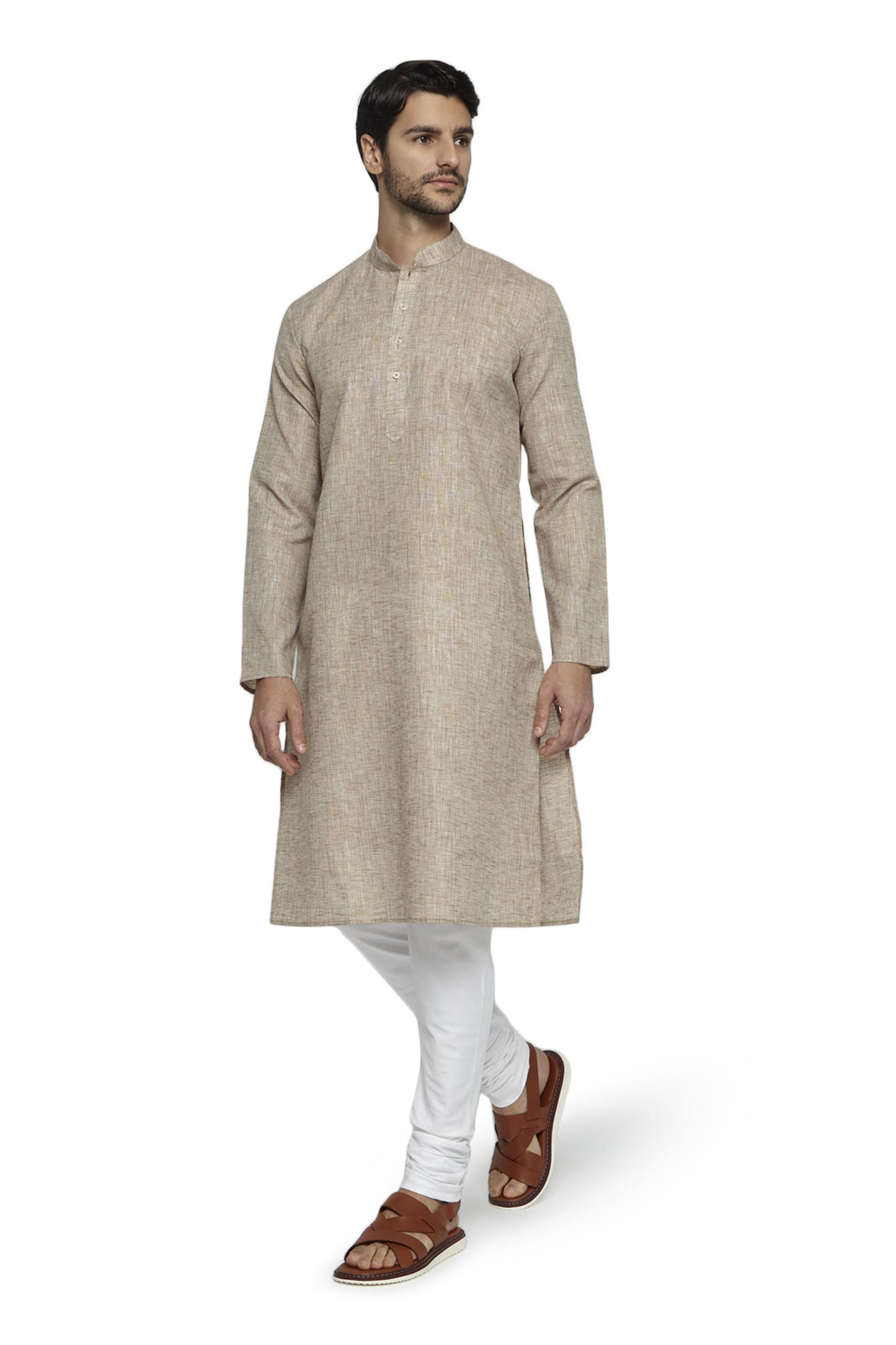 Ethnix Men's Natural Earth Mandarin Collar Solid Textured Staple Kurta Pajama 2-piece set