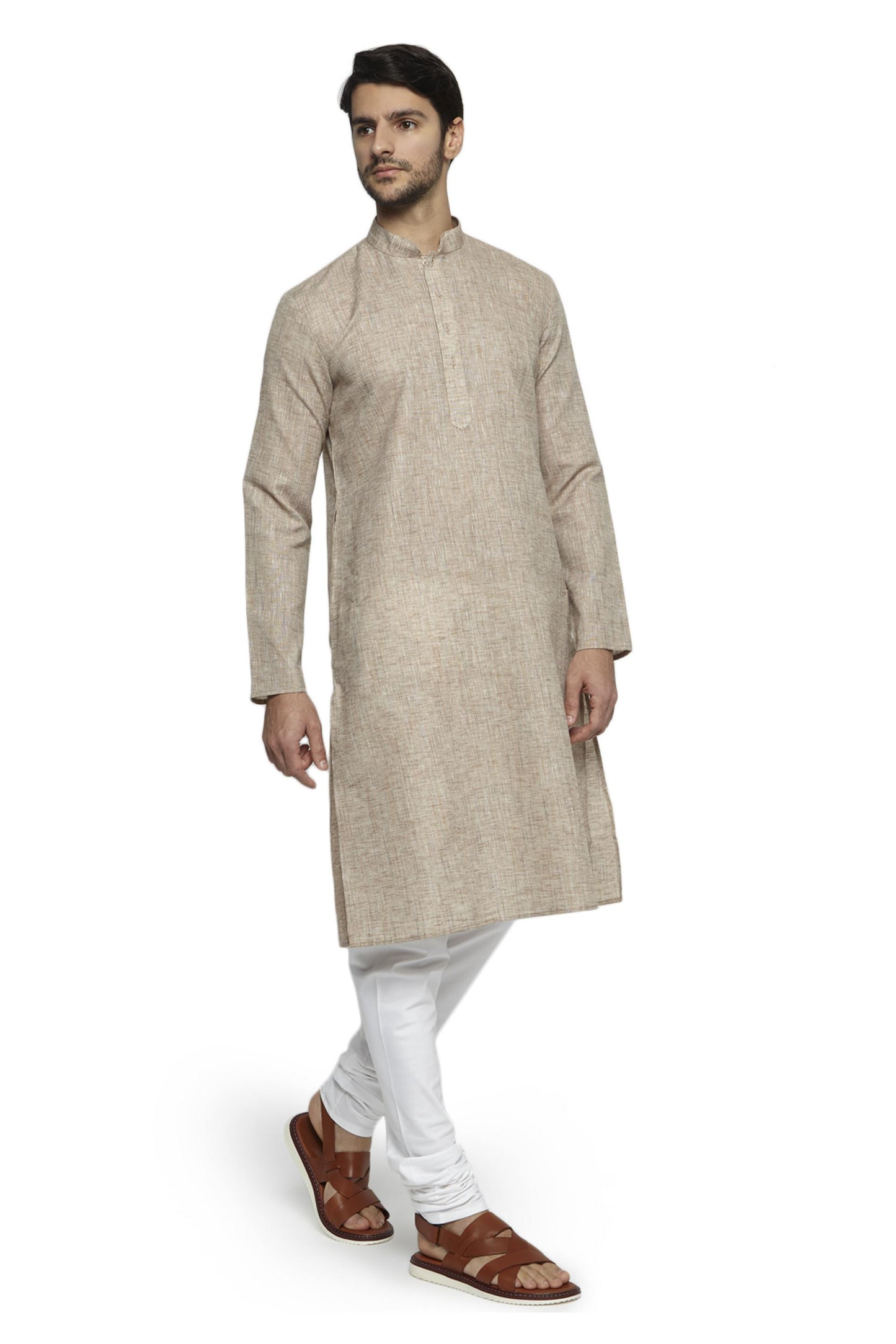Ethnix Men's Natural Earth Mandarin Collar Solid Textured Staple Kurta Pajama 2-piece set