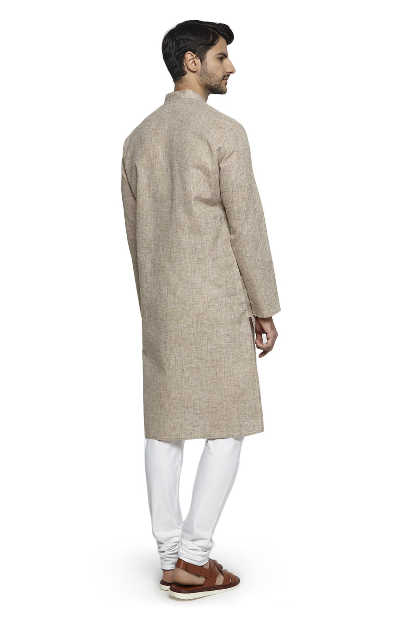 Ethnix Men's Natural Earth Mandarin Collar Solid Textured Staple Kurta Pajama 2-piece set