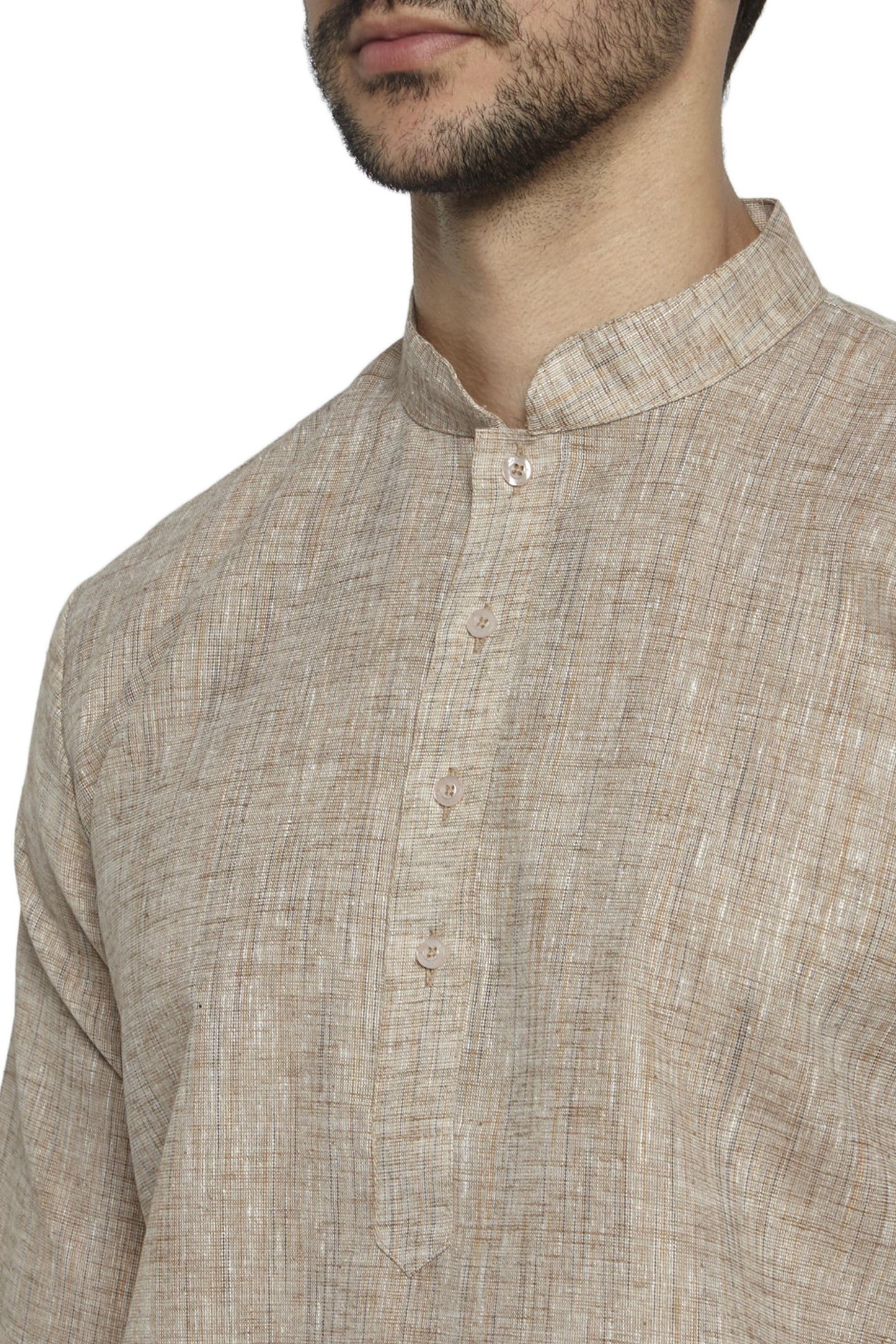 Ethnix Men's Natural Earth Mandarin Collar Solid Textured Staple Kurta Pajama 2-piece set