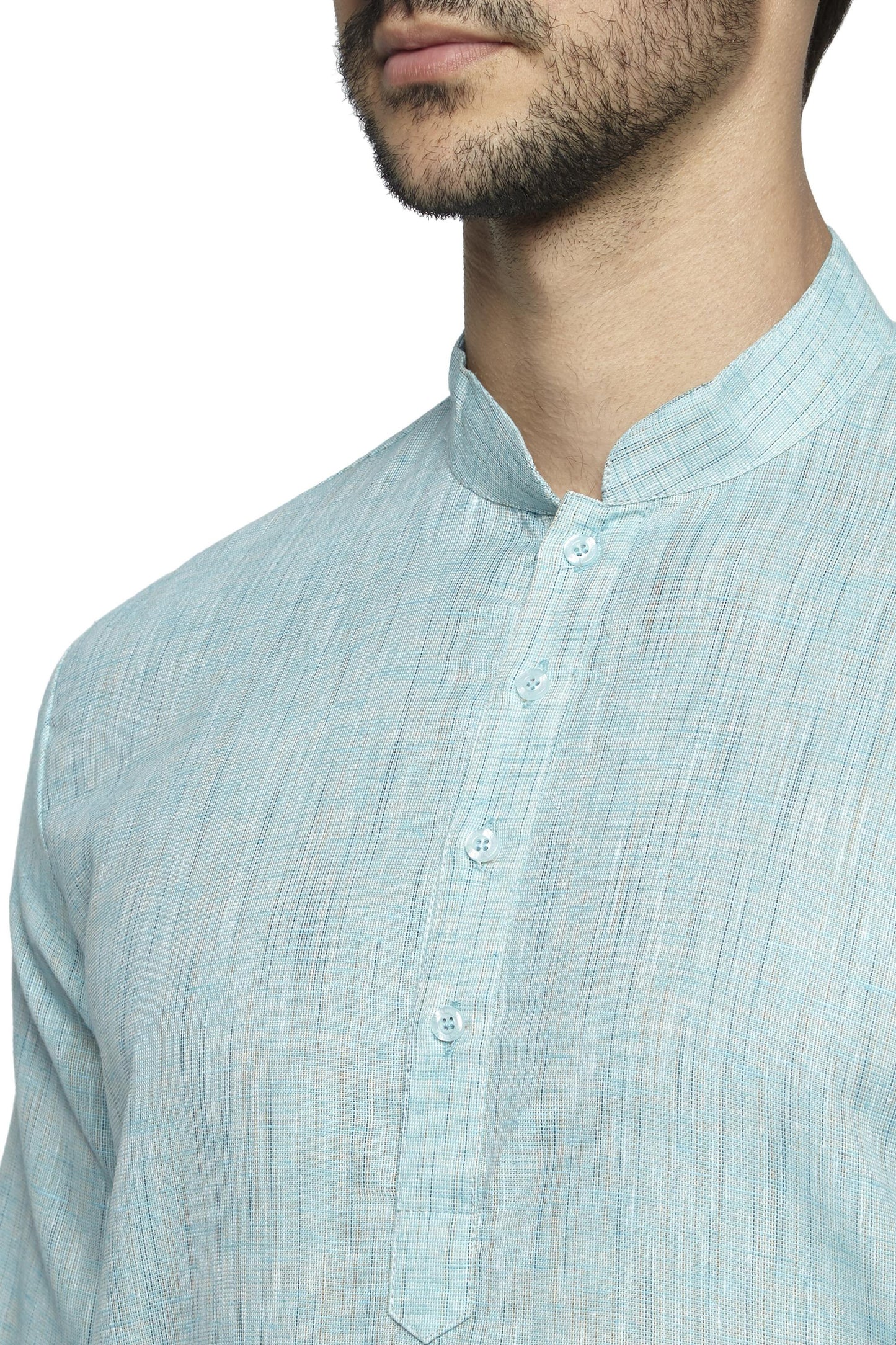 Men's blue kurta pajama set close up