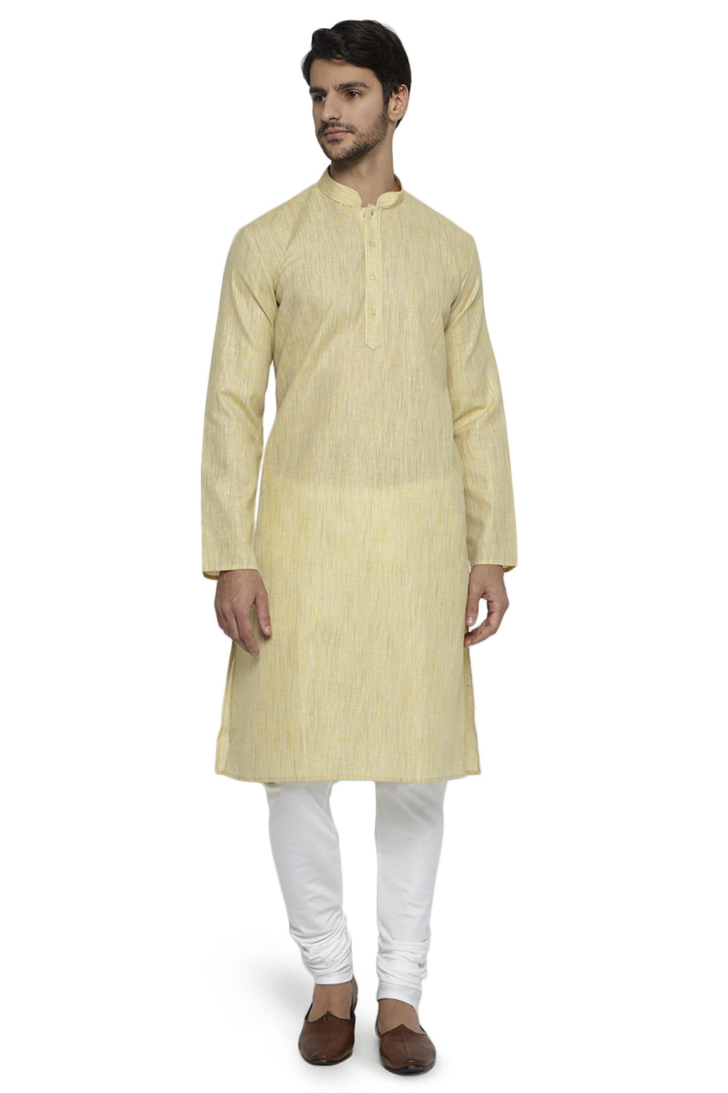Ethnix Men's Light Yellow Mandarin Collar Solid Textured Staple Kurta Pajama 2-piece set