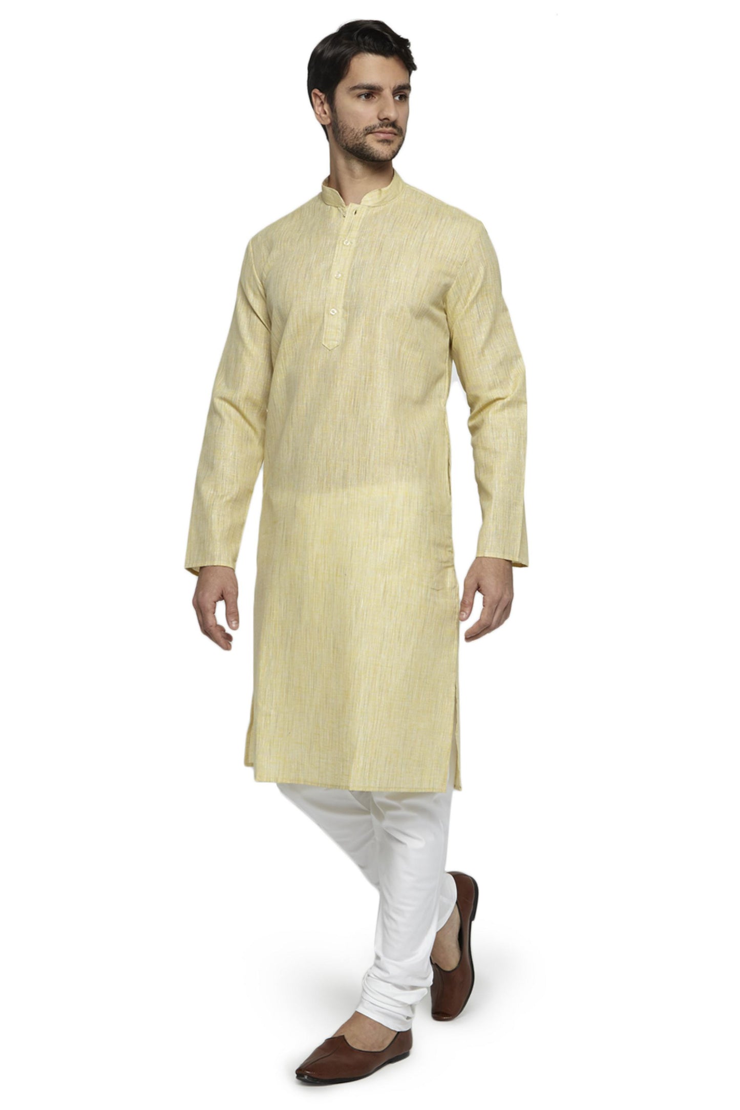 Ethnix Men's Light Yellow Mandarin Collar Solid Textured Staple Kurta Pajama 2-piece set