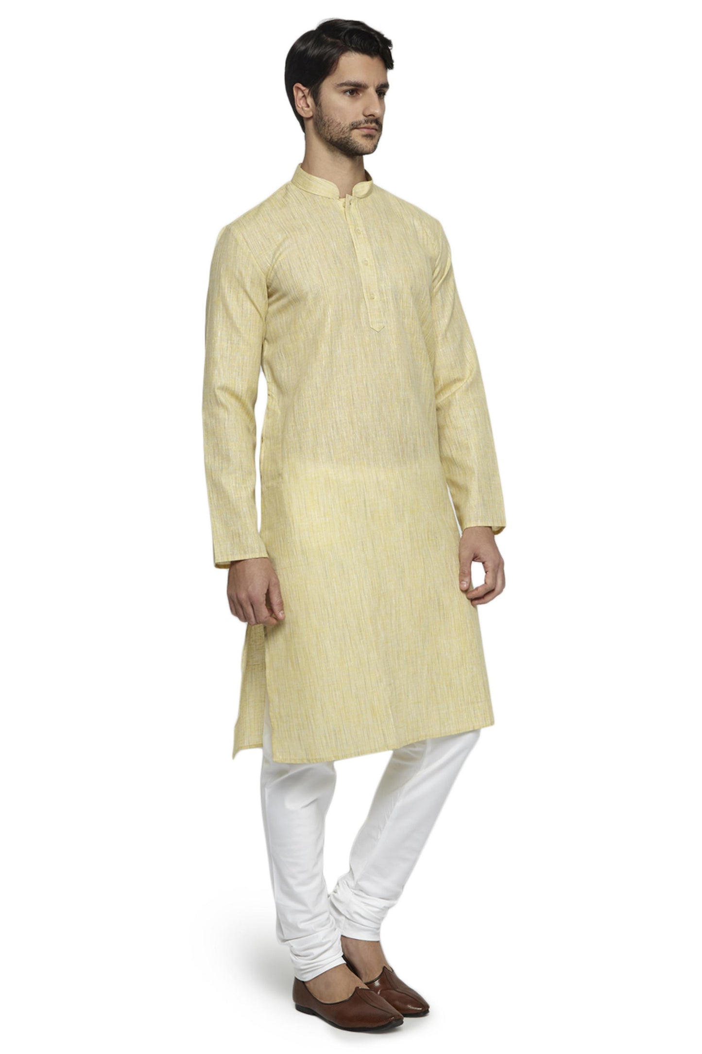 Ethnix Men's Light Yellow Mandarin Collar Solid Textured Staple Kurta Pajama 2-piece set