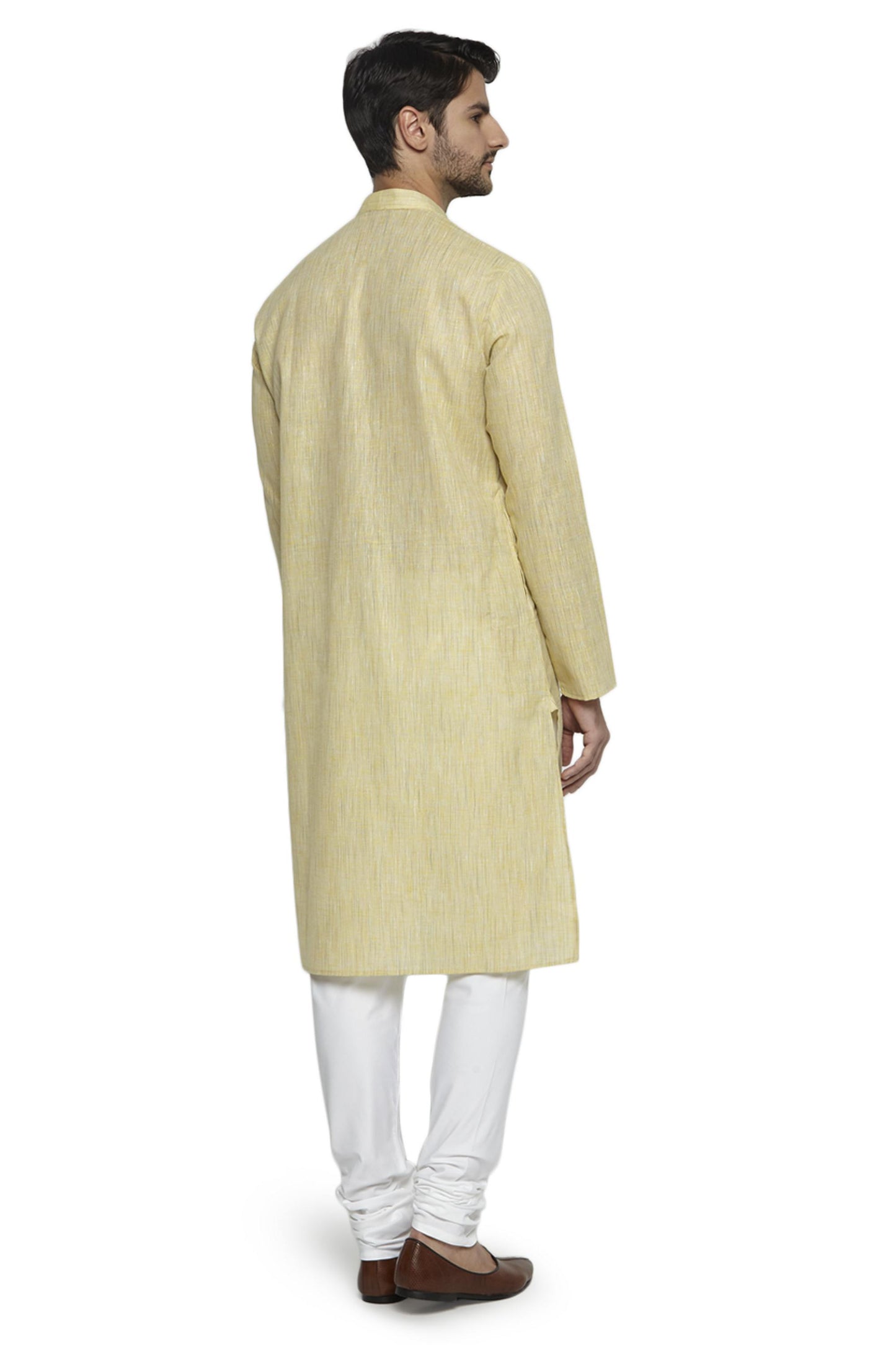 Ethnix Men's Light Yellow Mandarin Collar Solid Textured Staple Kurta Pajama 2-piece set
